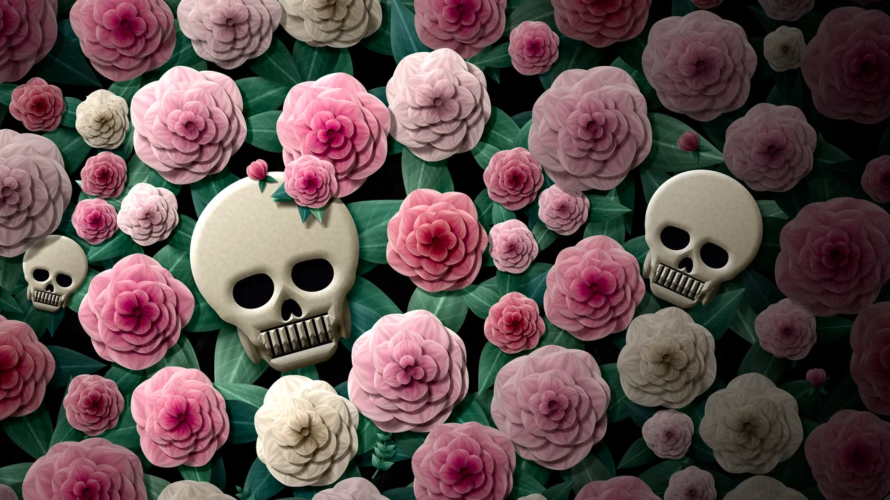 Black Paper Skulls and Roses desktop wallpaper in 4K
