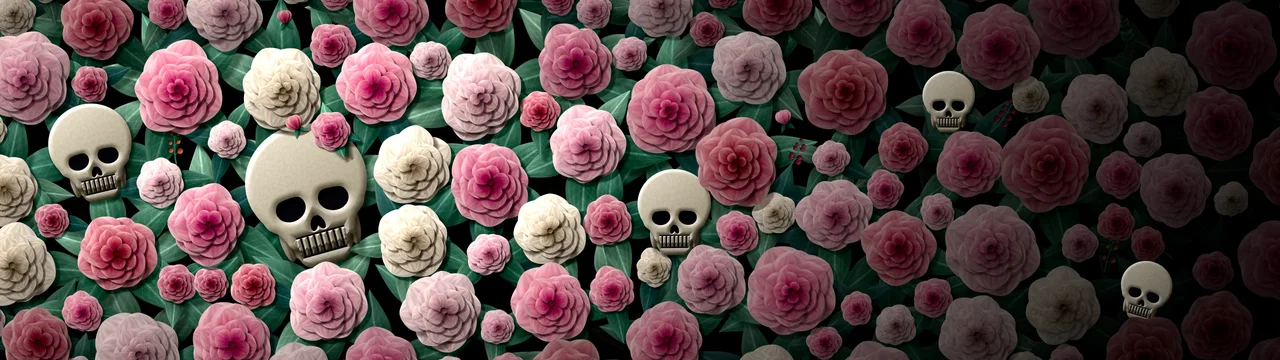 Black Paper Skulls and Roses dual monitor wallpaper, 7680 × 2160