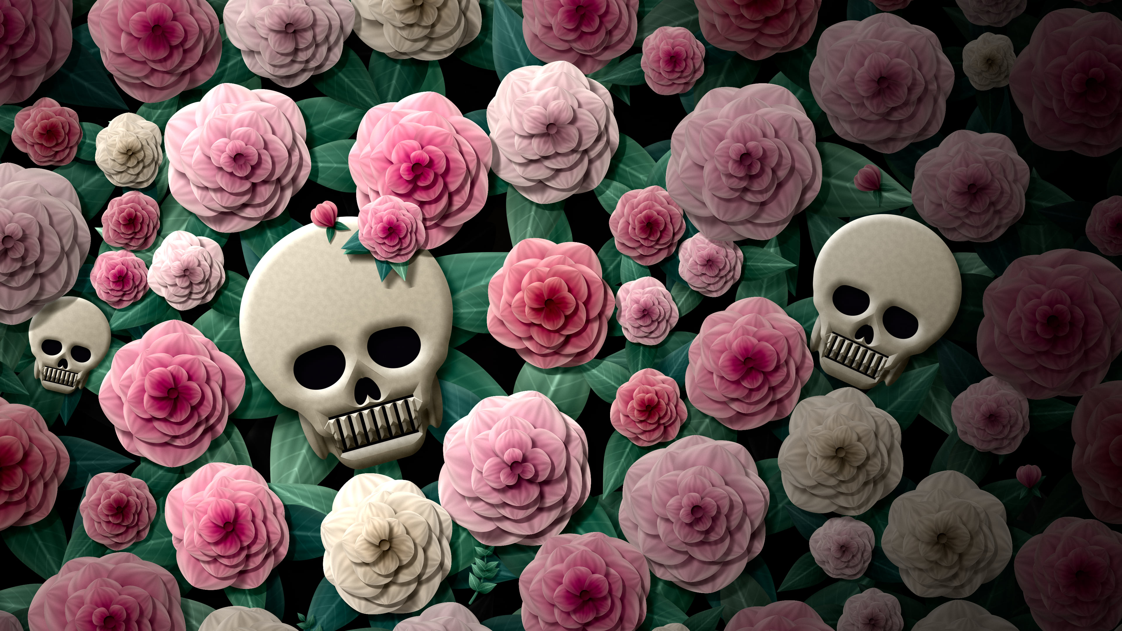 Black Paper Skulls and Roses desktop wallpaper in 4K