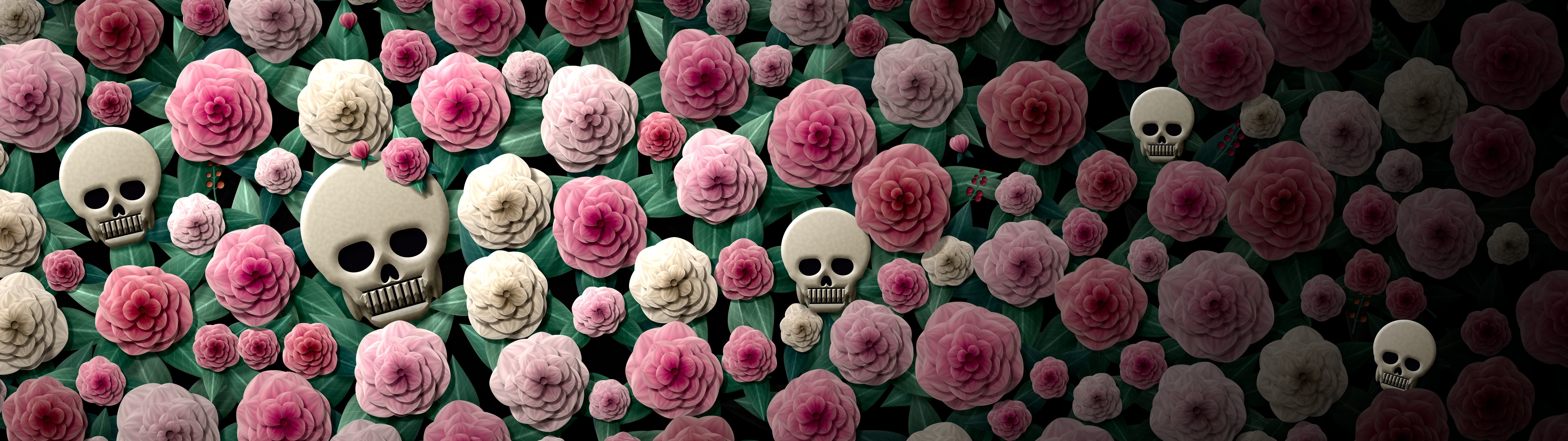 Black Paper Skulls and Roses dual monitor wallpaper, 7680 × 2160