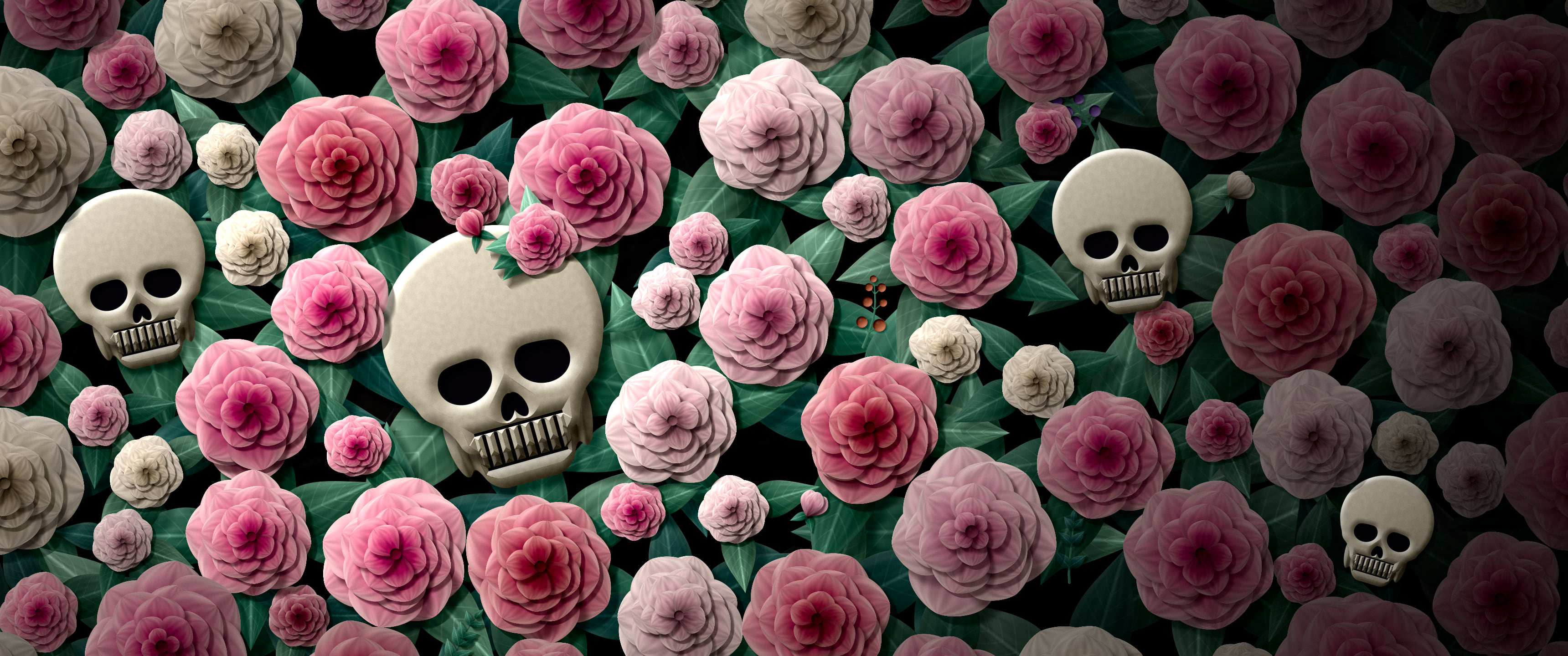 Black Paper Skulls and Roses ultrawide wallpaper, 3440 × 1440