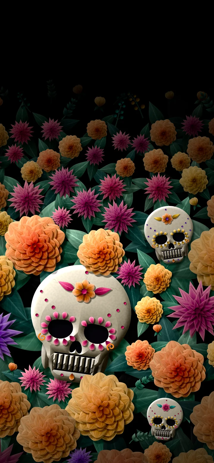 Black Paper Sugar Skull and Marigolds wallpaper for iPhone and Android