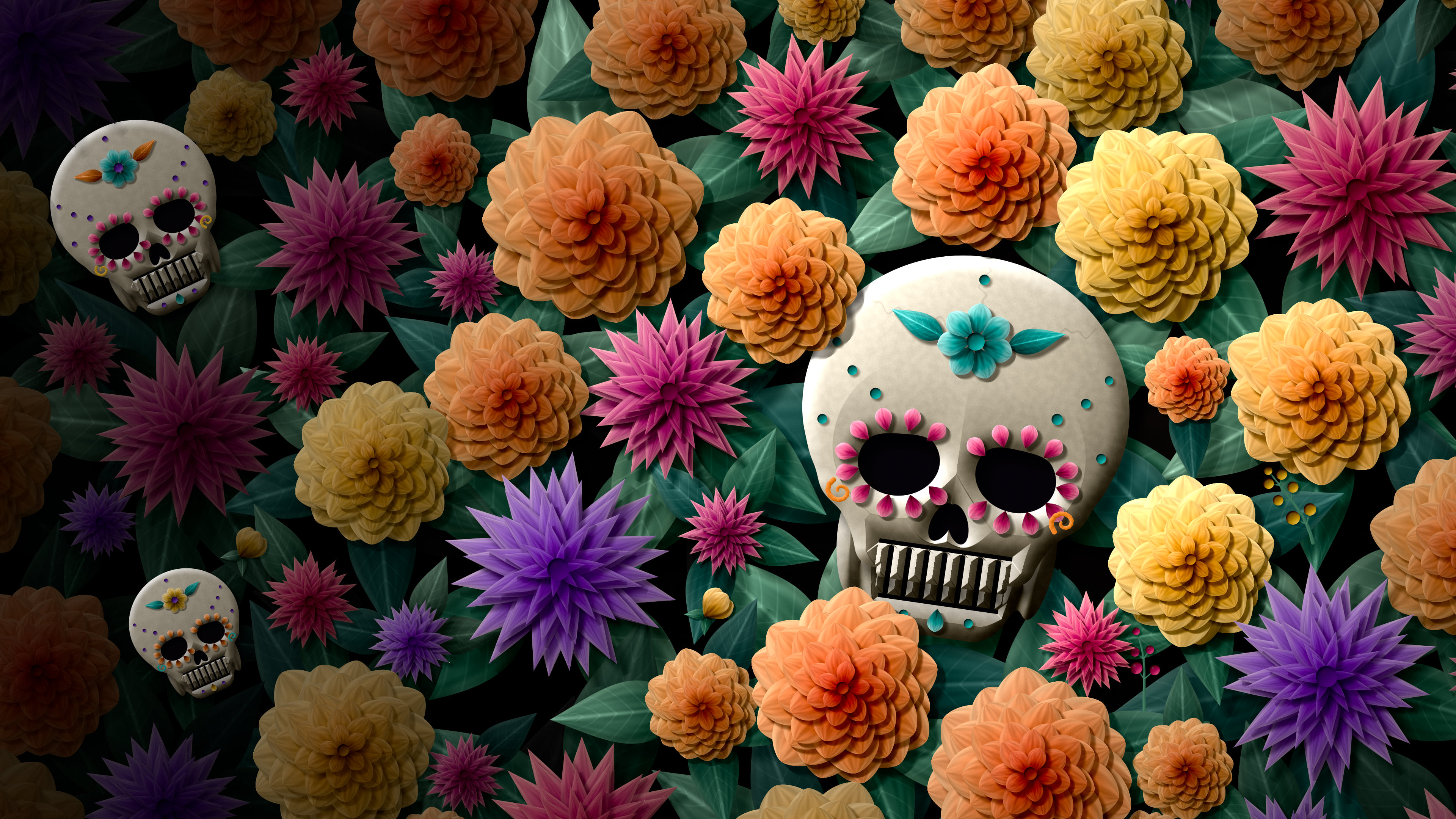 Black Paper Sugar Skull and Marigolds desktop wallpaper in 4K