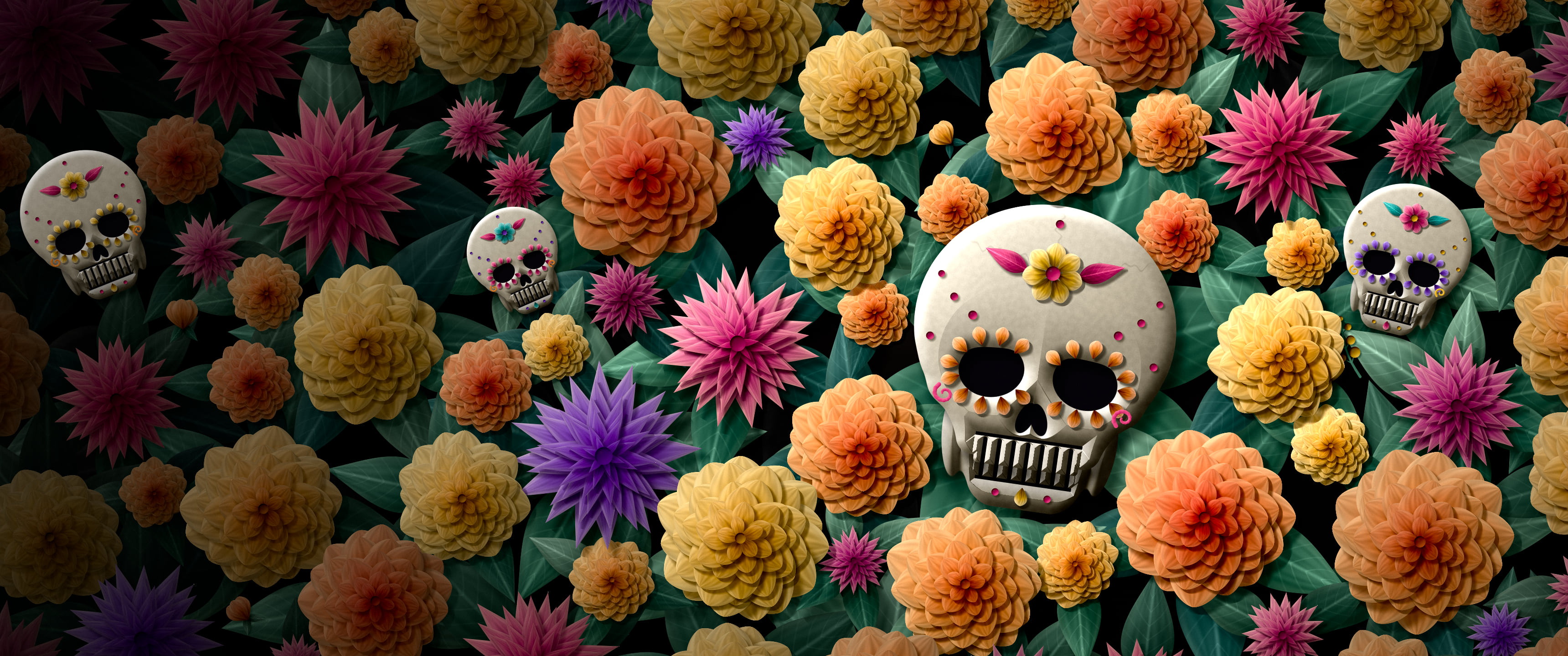 Black Paper Sugar Skull and Marigolds ultrawide wallpaper, 3440 × 1440