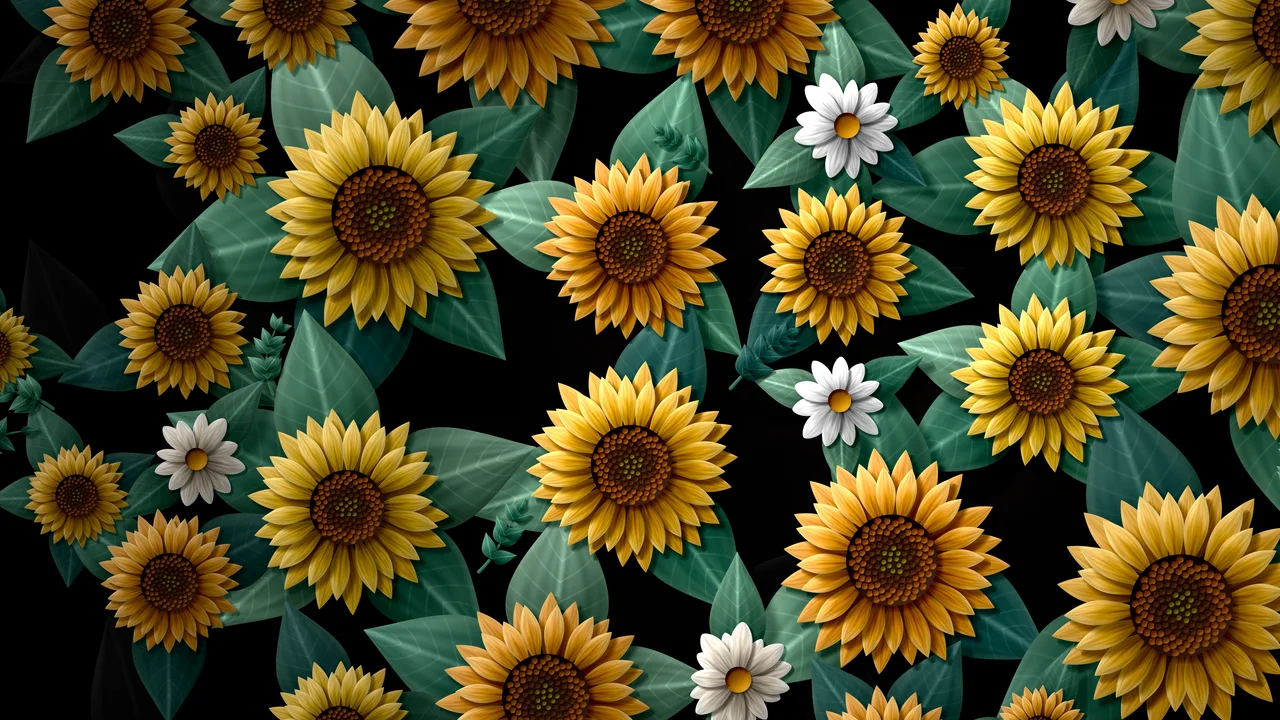 Black Paper Sunflower Pattern desktop wallpaper in 4K