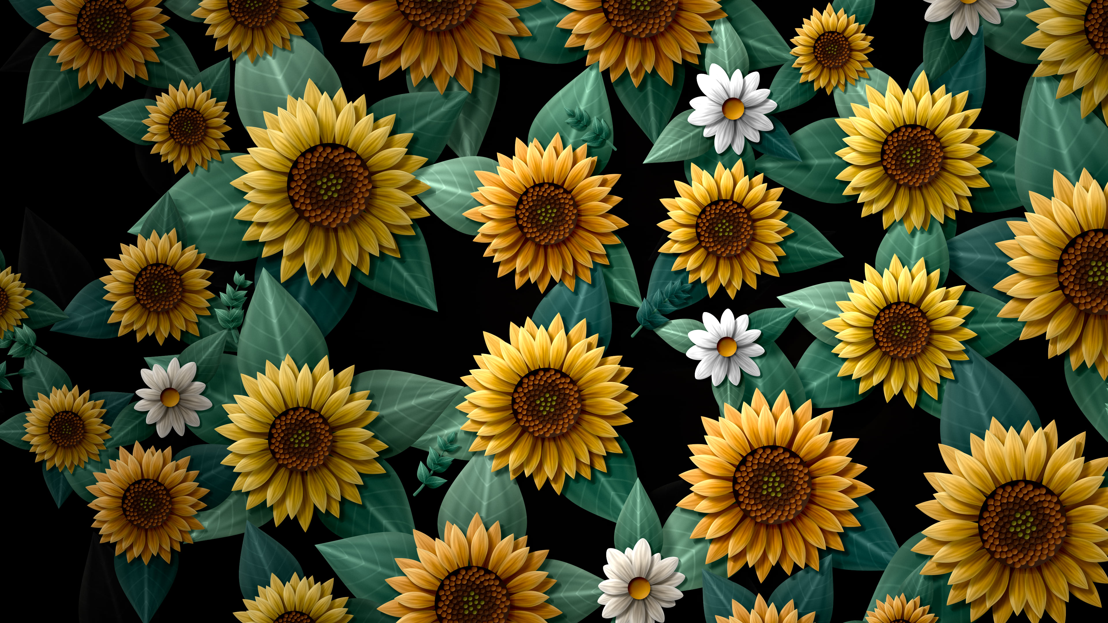 Black Paper Sunflower Pattern desktop wallpaper in 4K