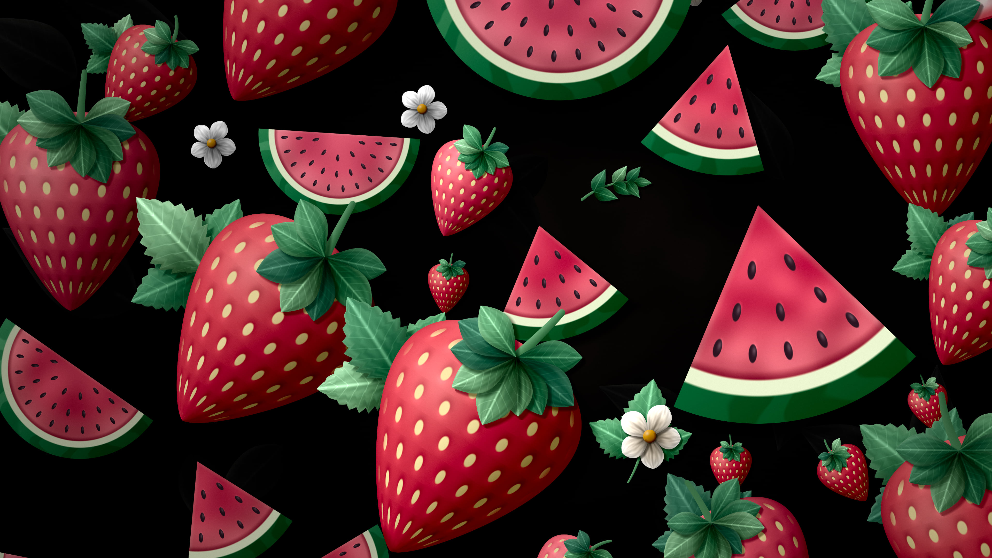 Black Paper Watermelon and Strawberries desktop wallpaper in 4K