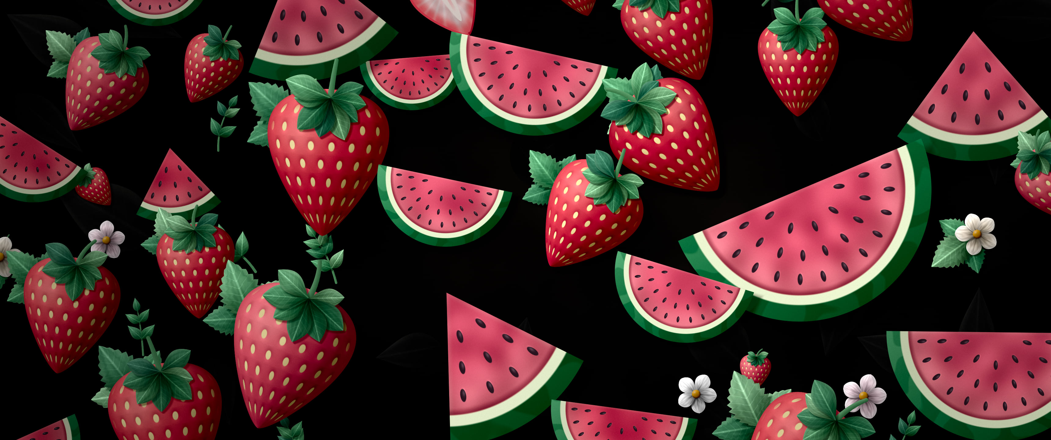 Black Paper Watermelon and Strawberries ultrawide wallpaper, 3440 × 1440