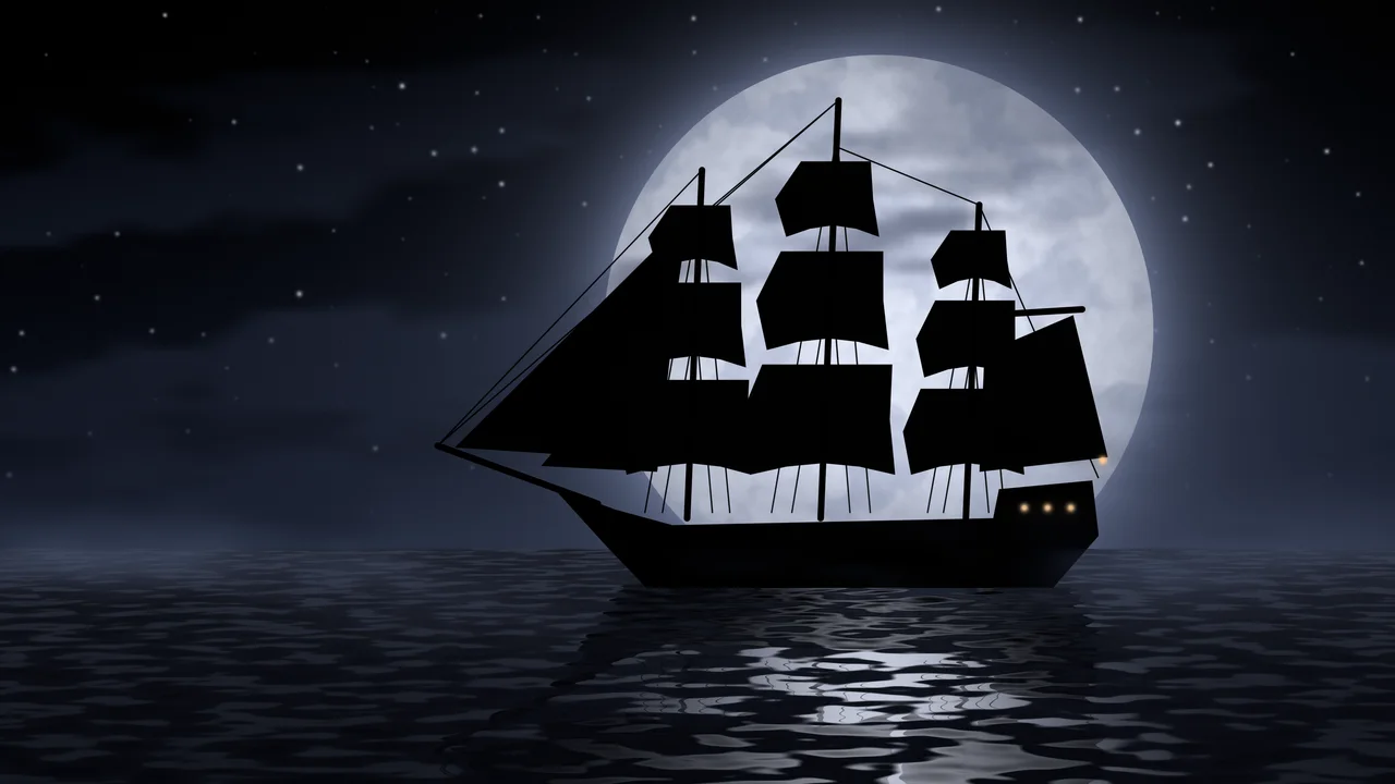 Black Pirate Ship and Full Moon desktop wallpaper in 4K