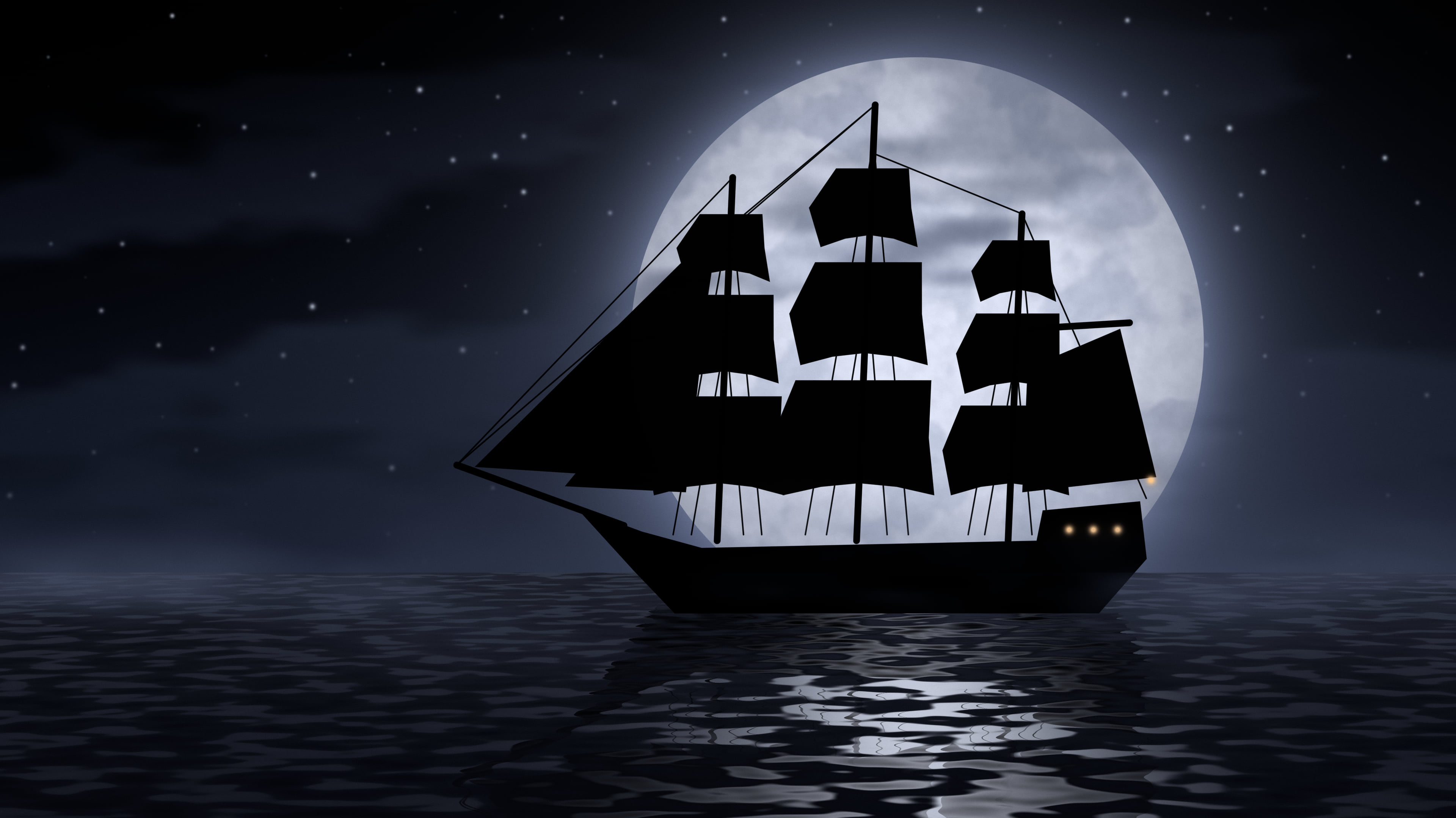 Black Pirate Ship and Full Moon desktop wallpaper in 4K