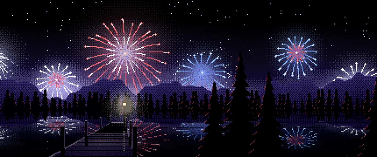 Black Pixel Art 4th of July Fireworks ultrawide wallpaper, 3440 × 1440