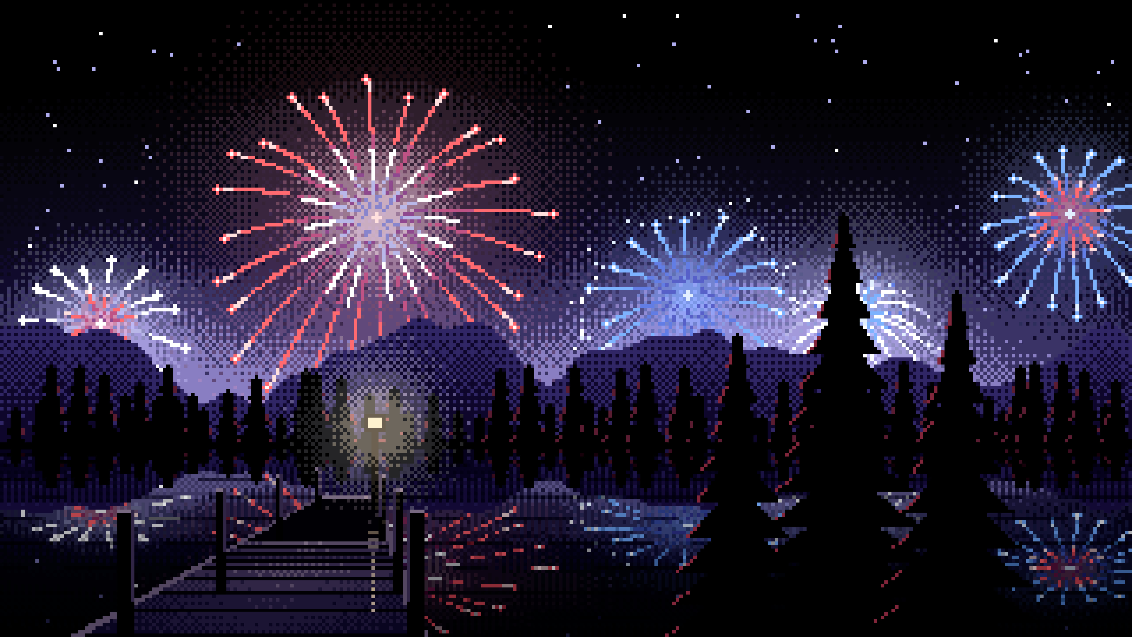 Black Pixel Art 4th of July Fireworks desktop wallpaper in 4K
