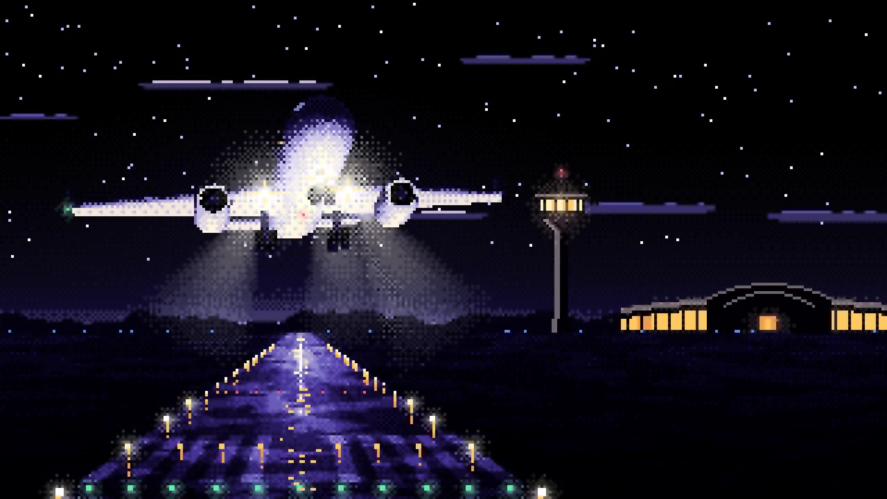 Black Pixel Art Airplane Landing at Night desktop wallpaper in 4K