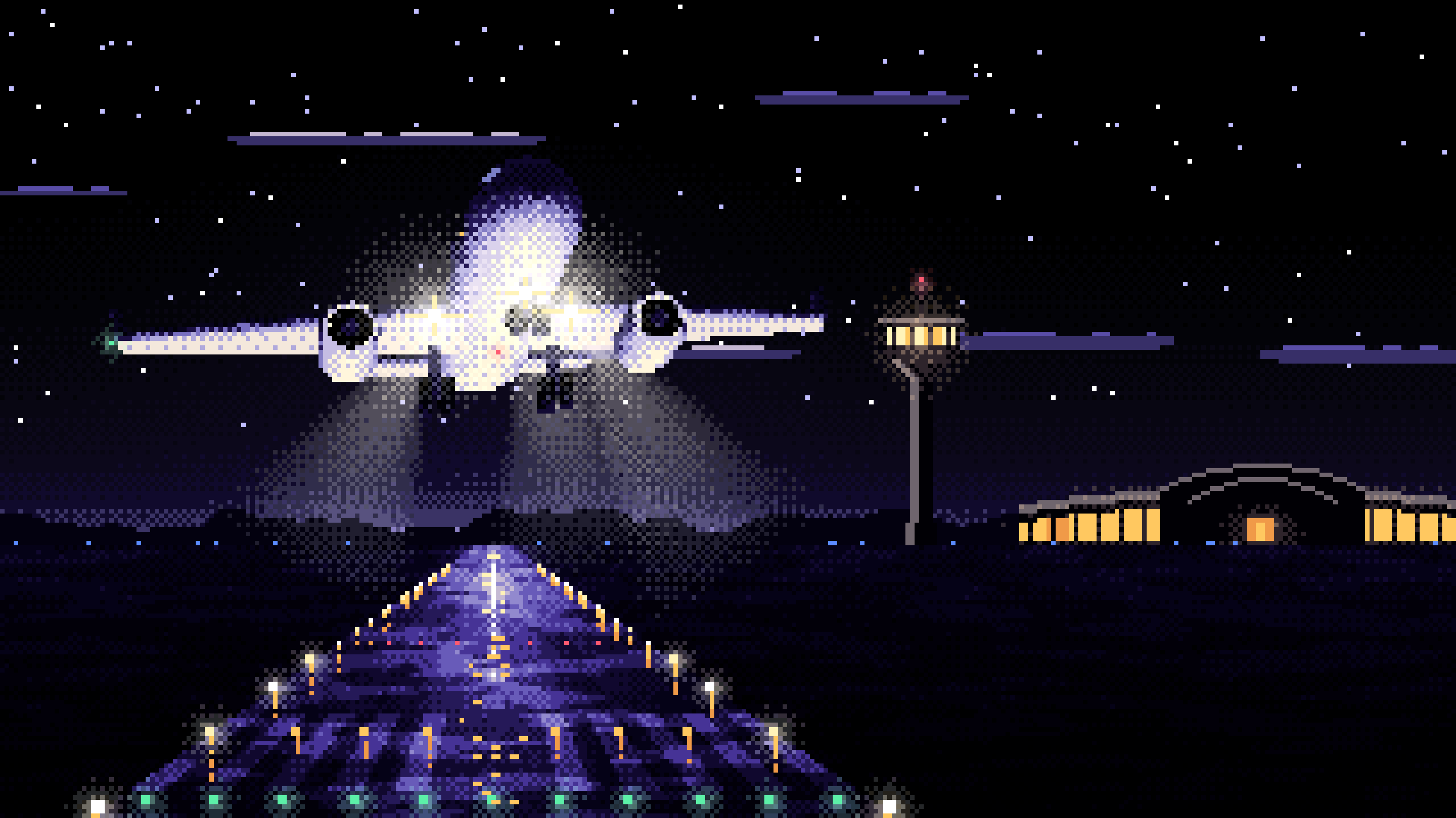 Black Pixel Art Airplane Landing at Night desktop wallpaper in 4K