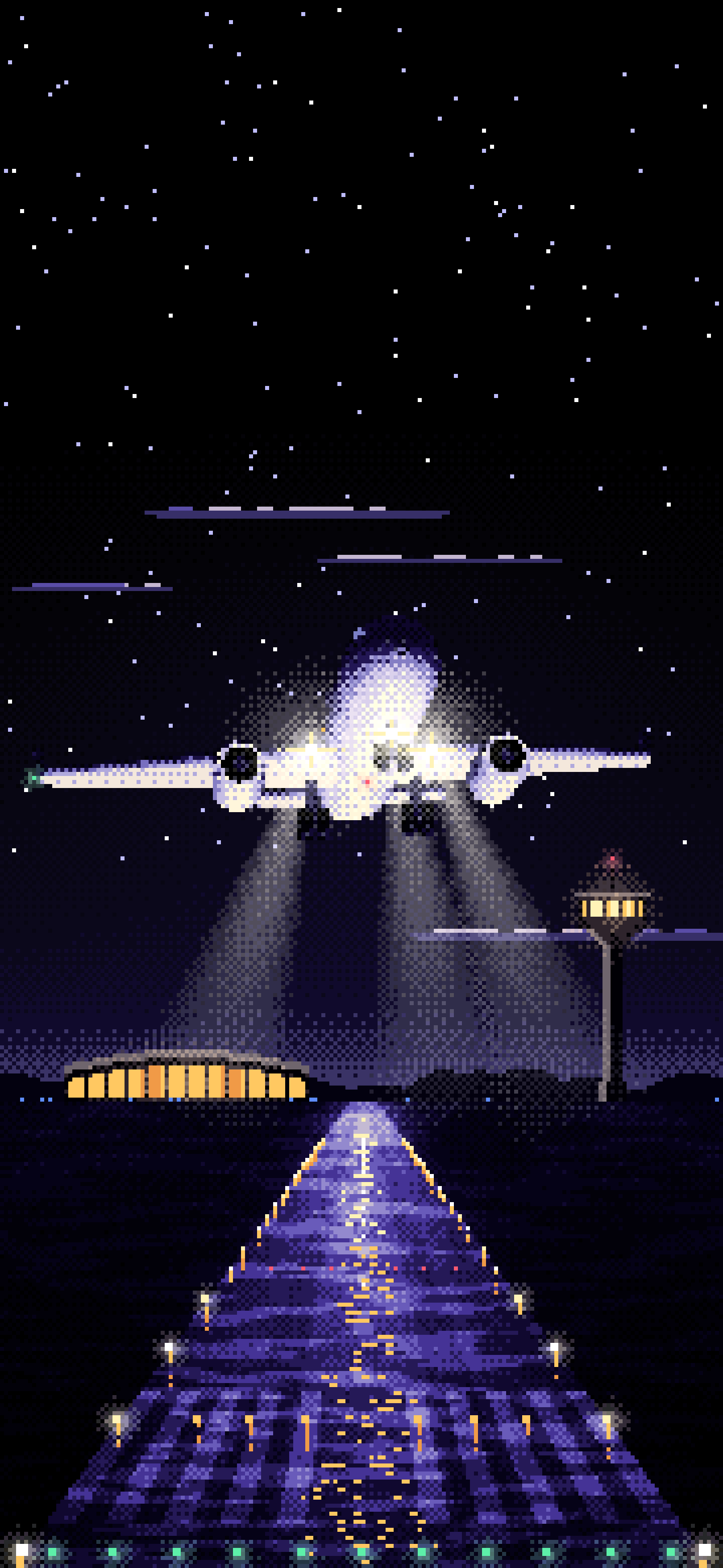 Black Pixel Art Airplane Landing at Night wallpaper for iPhone and Android