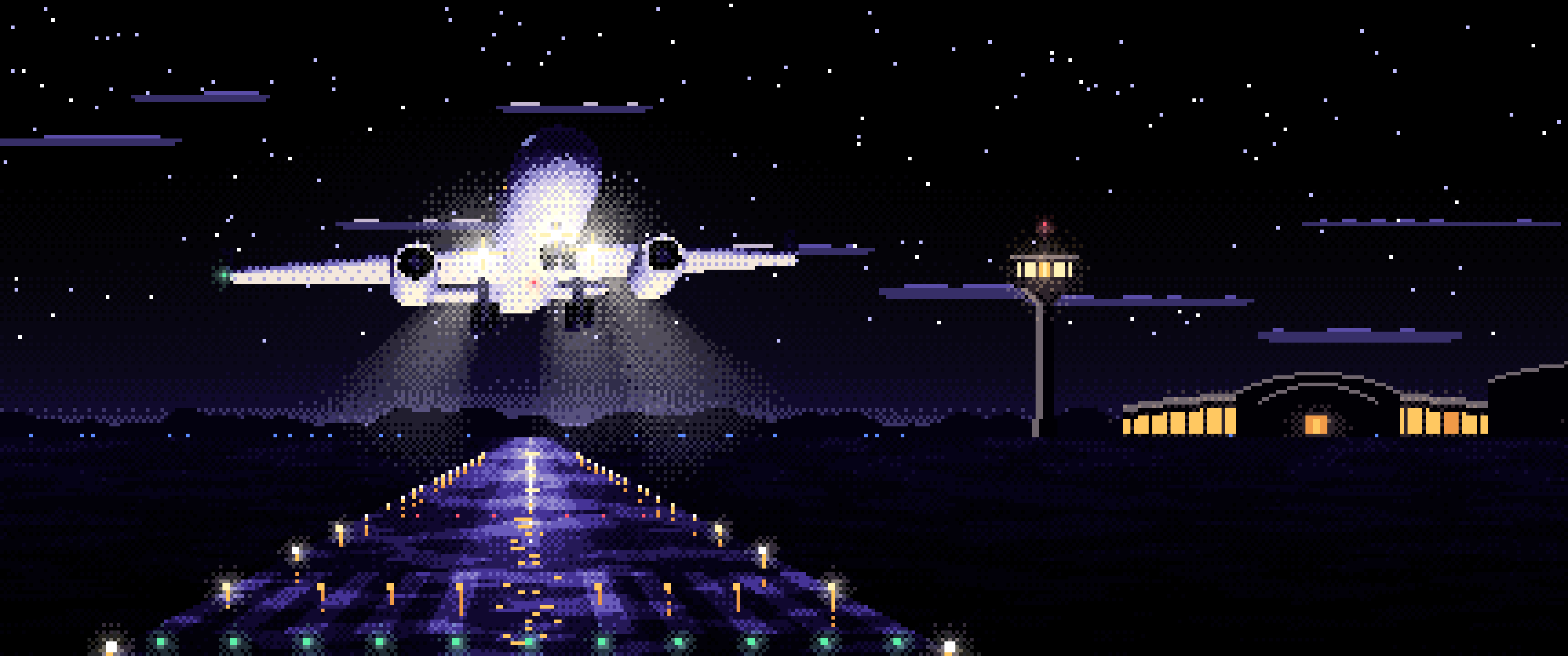 Black Pixel Art Airplane Landing at Night ultrawide wallpaper, 3440 × 1440
