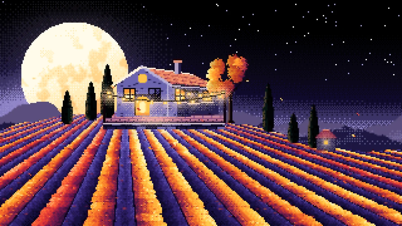 Black Pixel Art Autumn Vineyard under a Harvest Moon desktop wallpaper in 4K