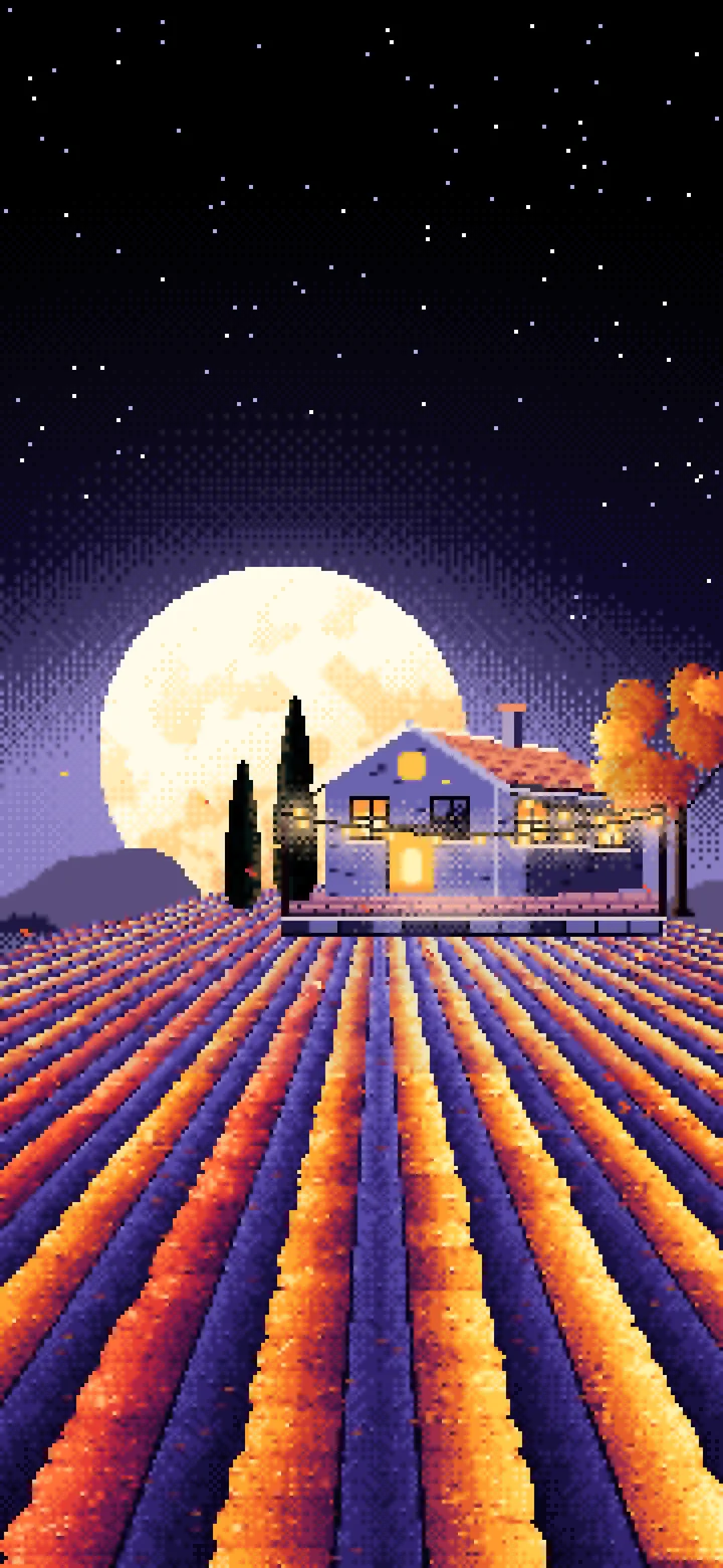 Black Pixel Art Autumn Vineyard under a Harvest Moon wallpaper for iPhone and Android