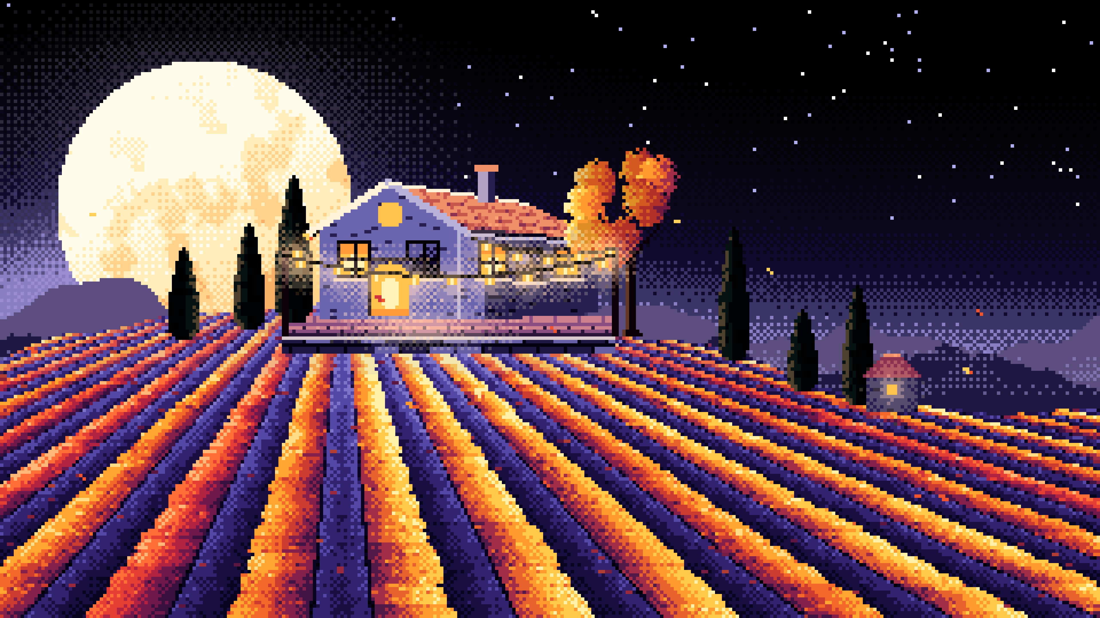 Black Pixel Art Autumn Vineyard under a Harvest Moon desktop wallpaper in 4K