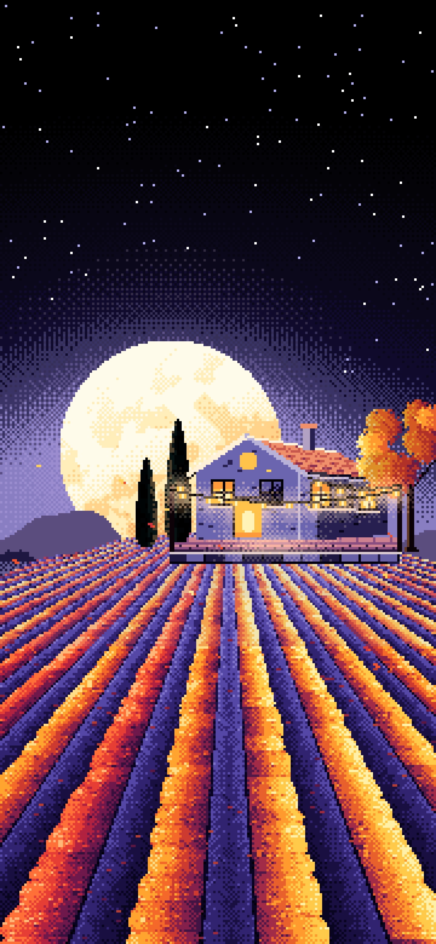 Black Pixel Art Autumn Vineyard under a Harvest Moon wallpaper for iPhone and Android