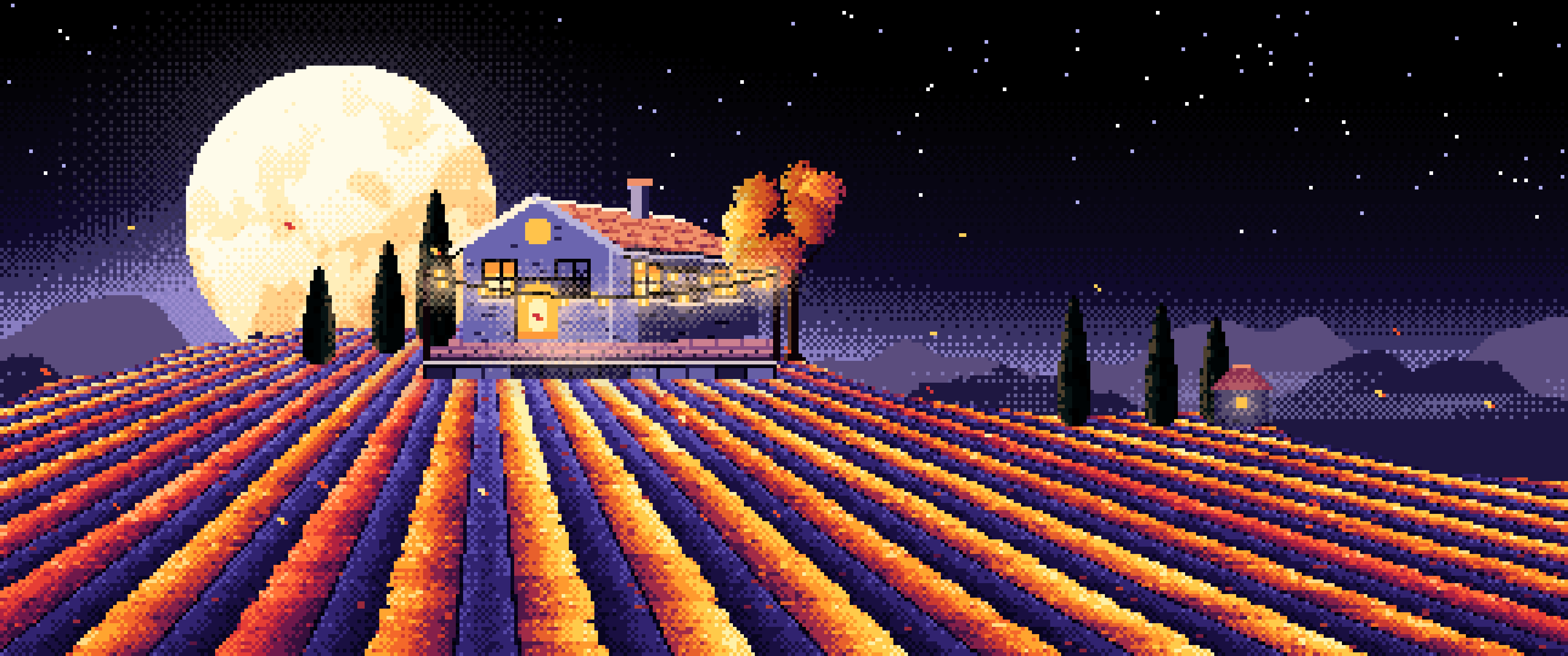 Black Pixel Art Autumn Vineyard under a Harvest Moon ultrawide wallpaper, 3440 × 1440
