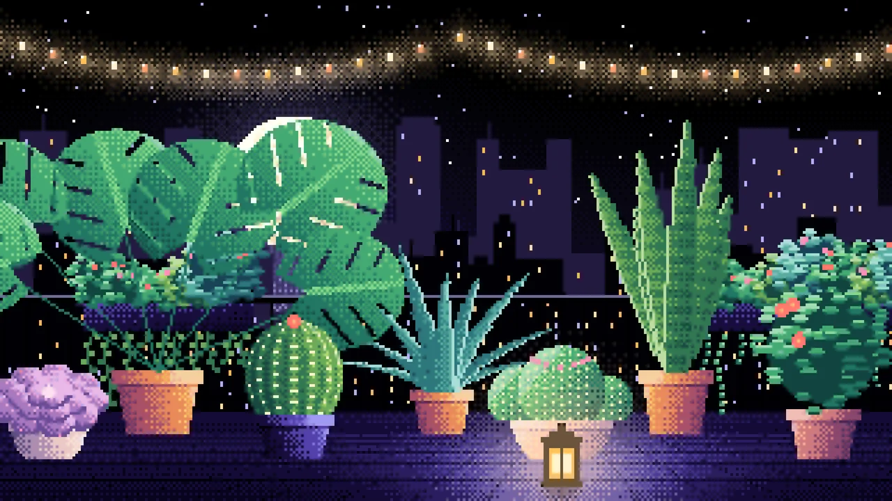 Black Pixel Art Balcony Garden at Night desktop wallpaper in 4K