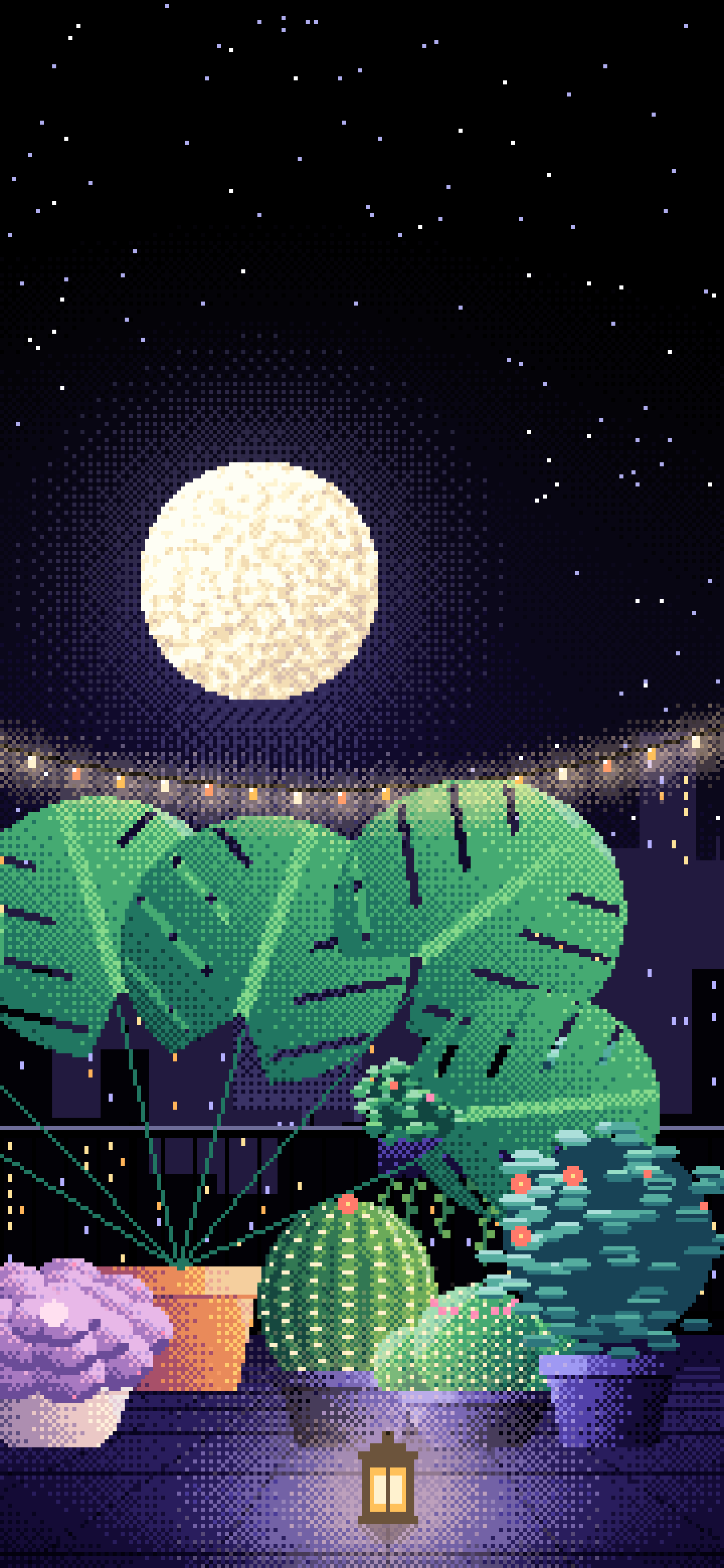 Black Pixel Art Balcony Garden at Night wallpaper for iPhone and Android