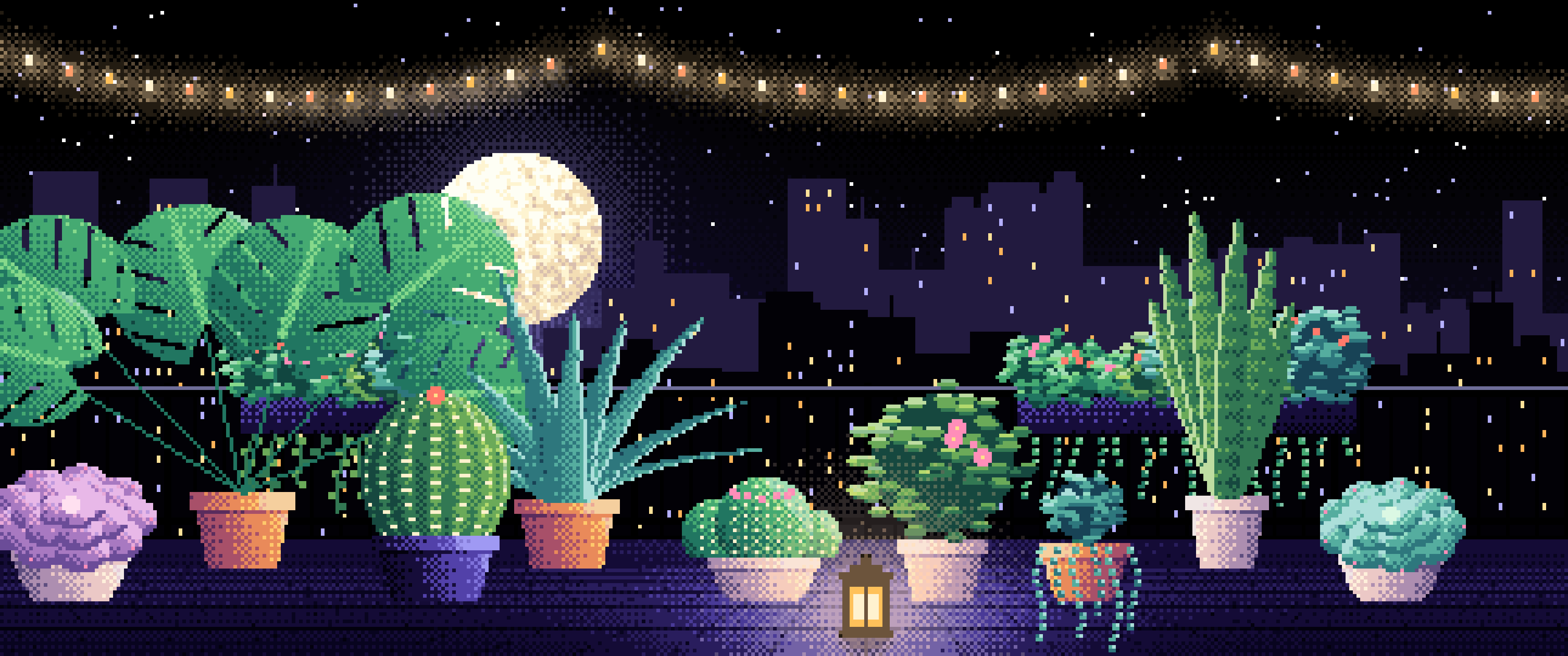Black Pixel Art Balcony Garden at Night ultrawide wallpaper, 3440 × 1440