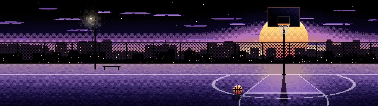 Black Pixel Art Basketball Court at Sunset dual monitor wallpaper, 7680 × 2160
