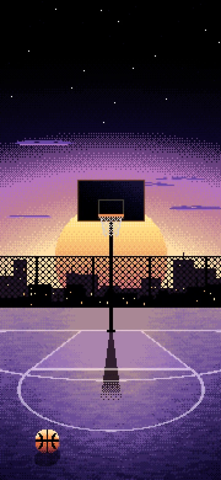 Black Pixel Art Basketball Court at Sunset wallpaper for iPhone and Android