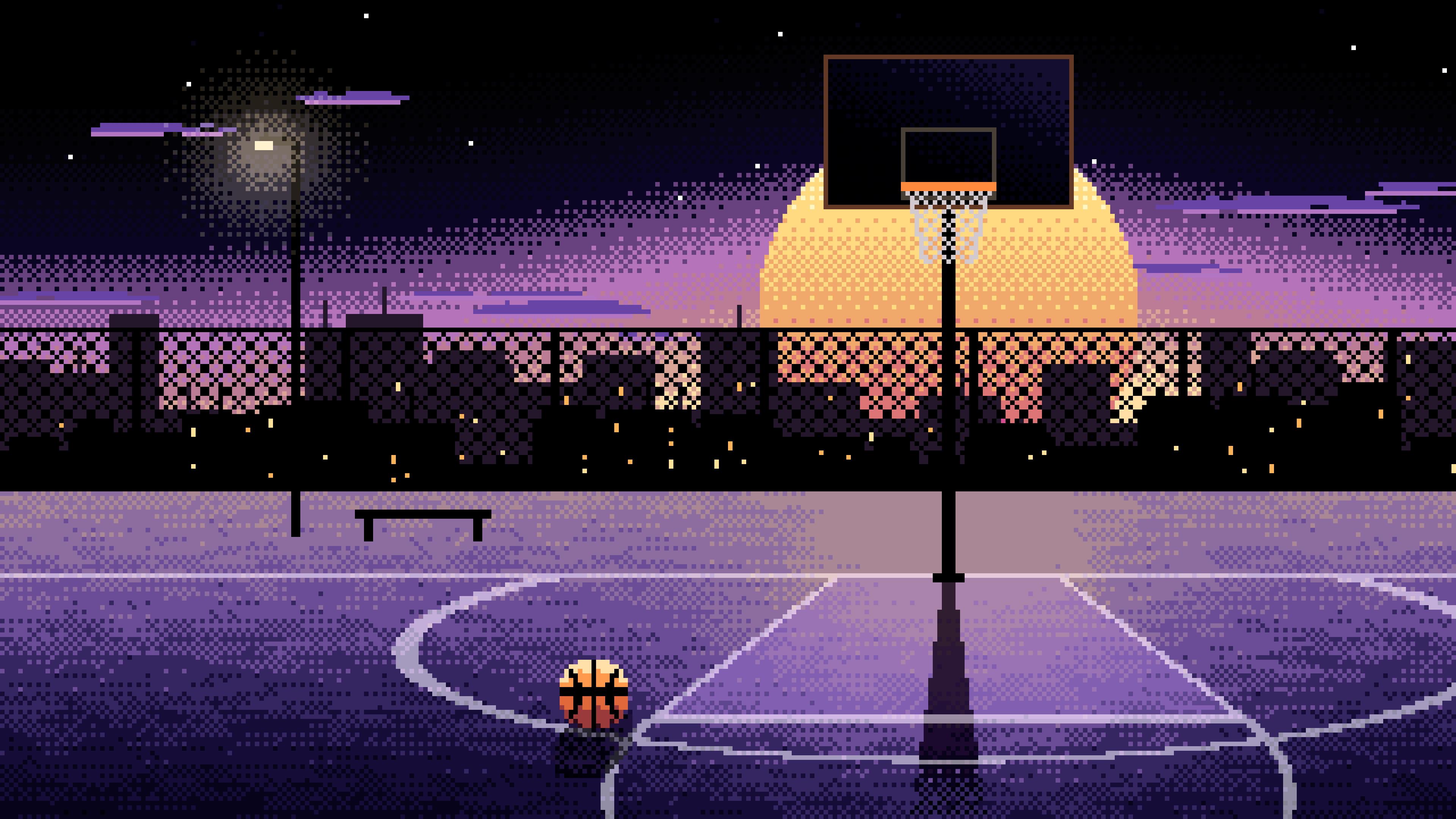 Black Pixel Art Basketball Court at Sunset desktop wallpaper in 4K