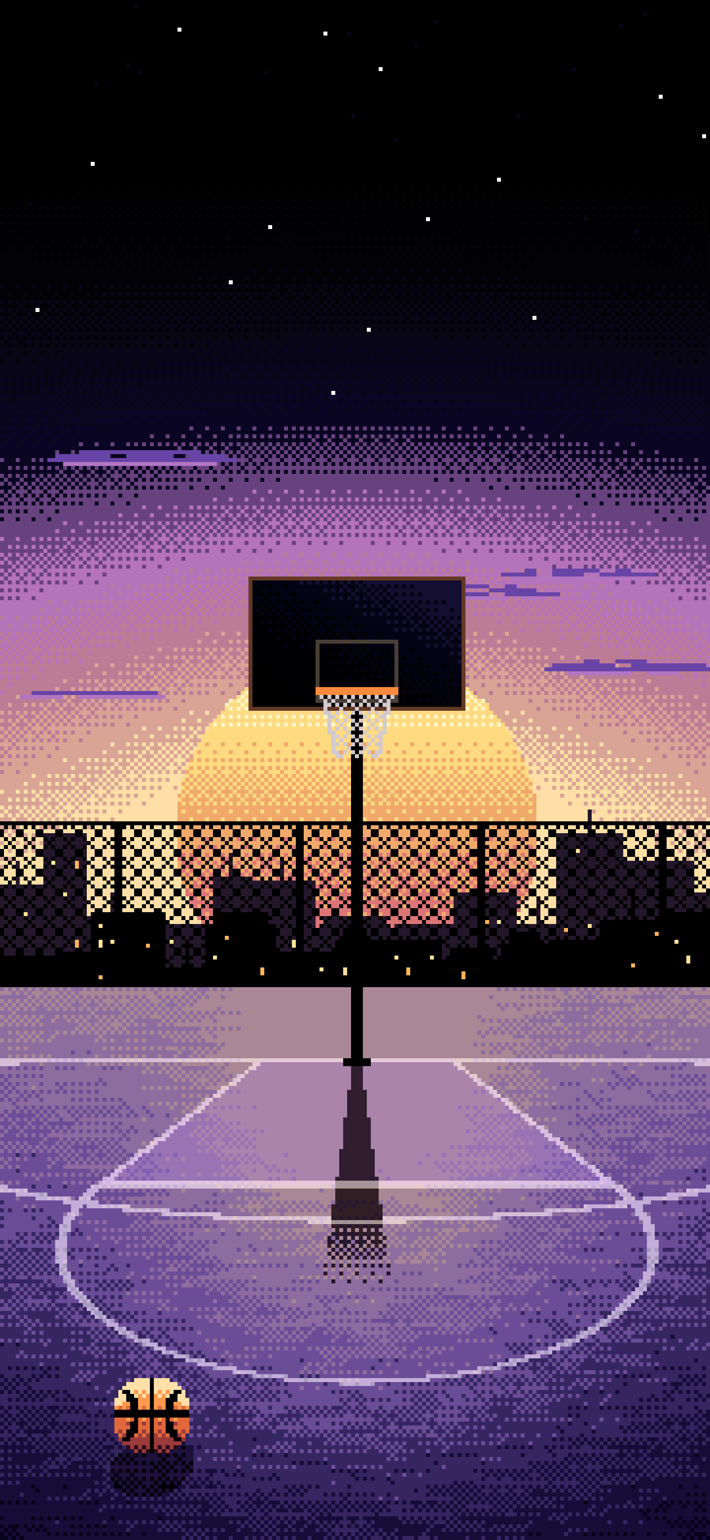 Black Pixel Art Basketball Court at Sunset wallpaper for iPhone and Android