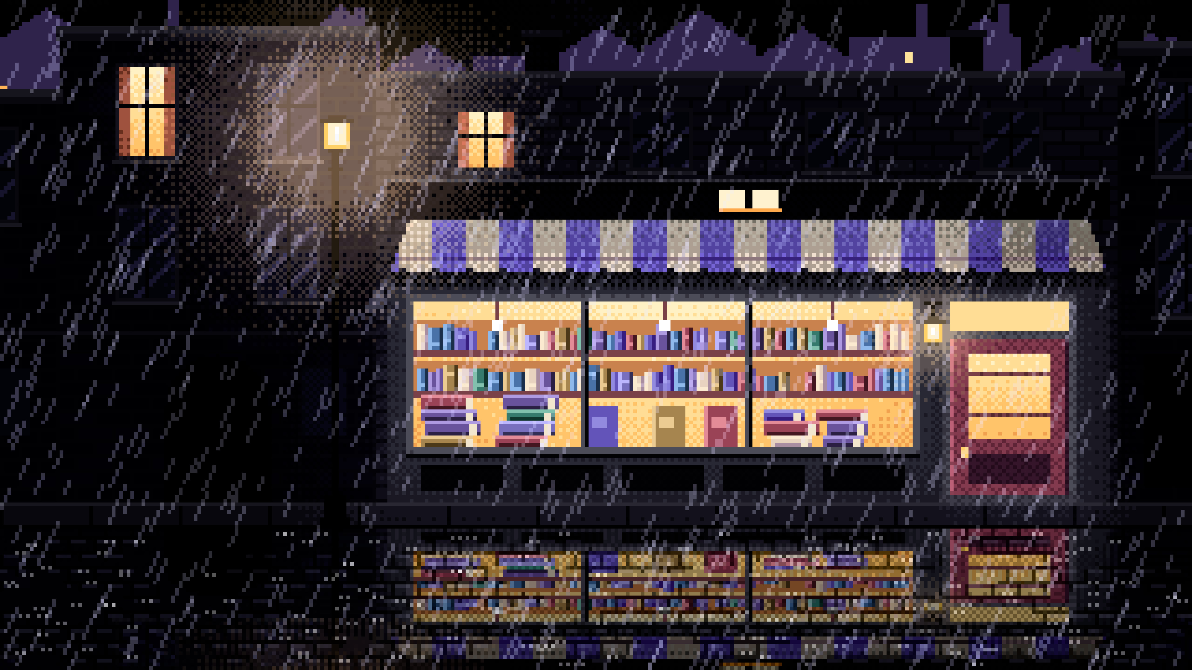 Black Pixel Art Bookshop at Night in the Rain desktop wallpaper in 4K