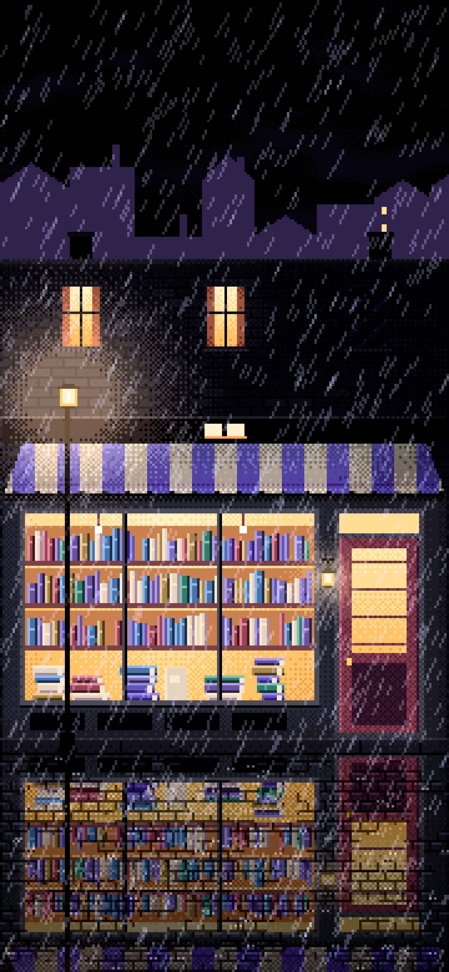 Black Pixel Art Bookshop at Night in the Rain wallpaper for iPhone and Android
