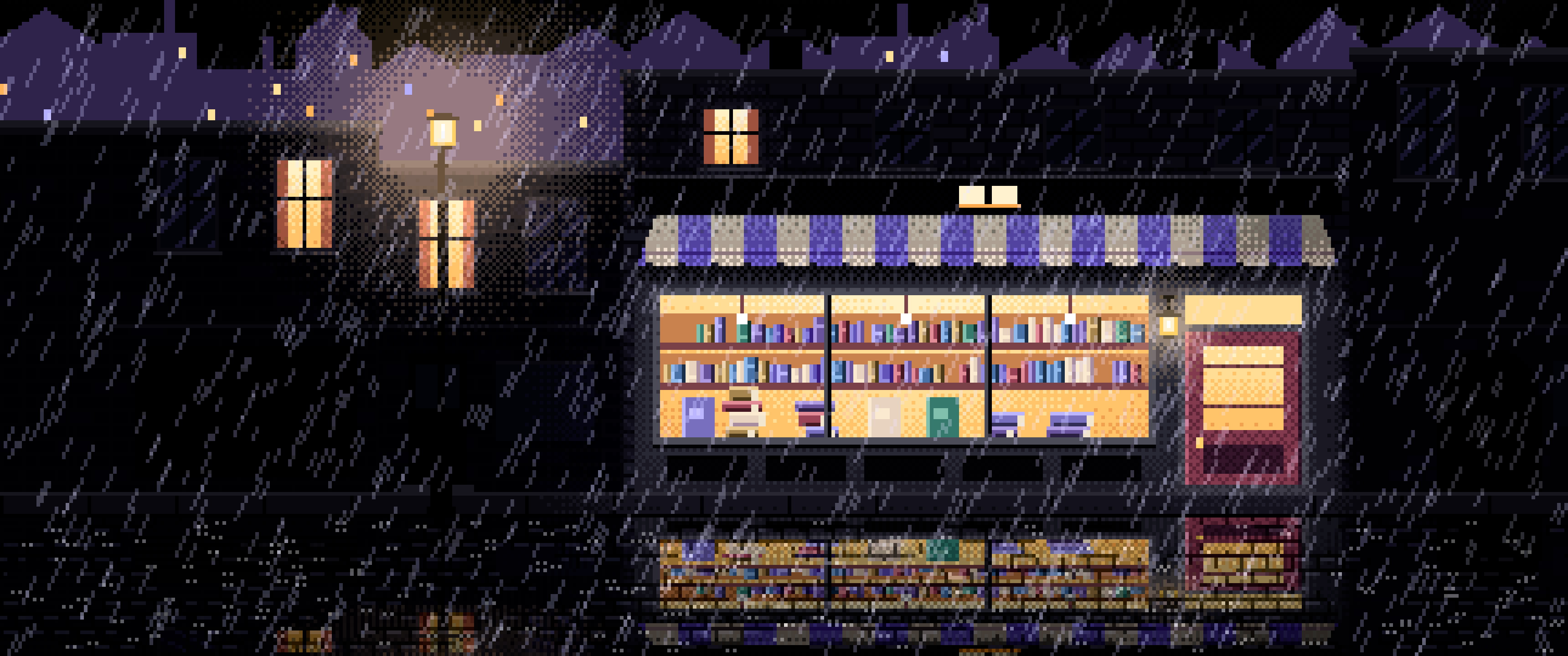 Black Pixel Art Bookshop at Night in the Rain ultrawide wallpaper, 3440 × 1440