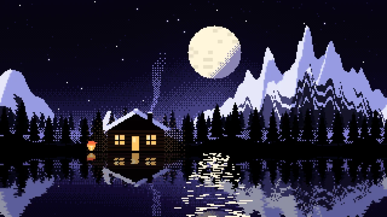 Black Pixel Art Cabin desktop wallpaper in 4K