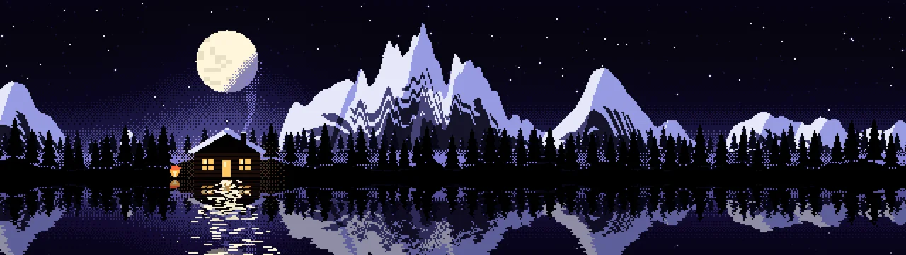Black Pixel Art Cabin dual monitor wallpaper, 7680 × 2160