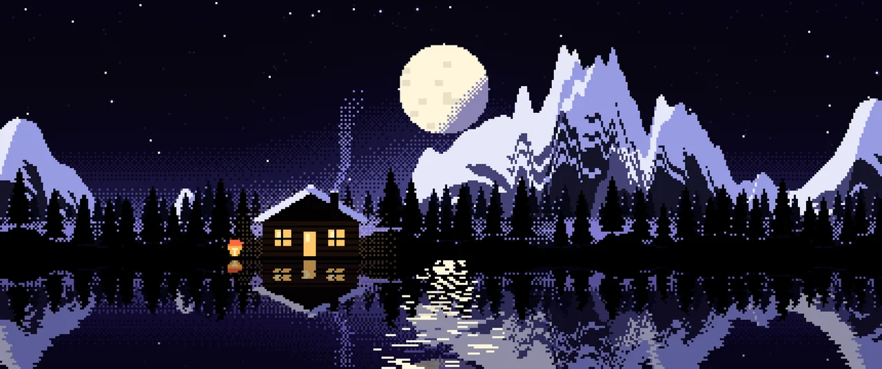 Black Pixel Art Cabin ultrawide wallpaper, 3440 × 1440