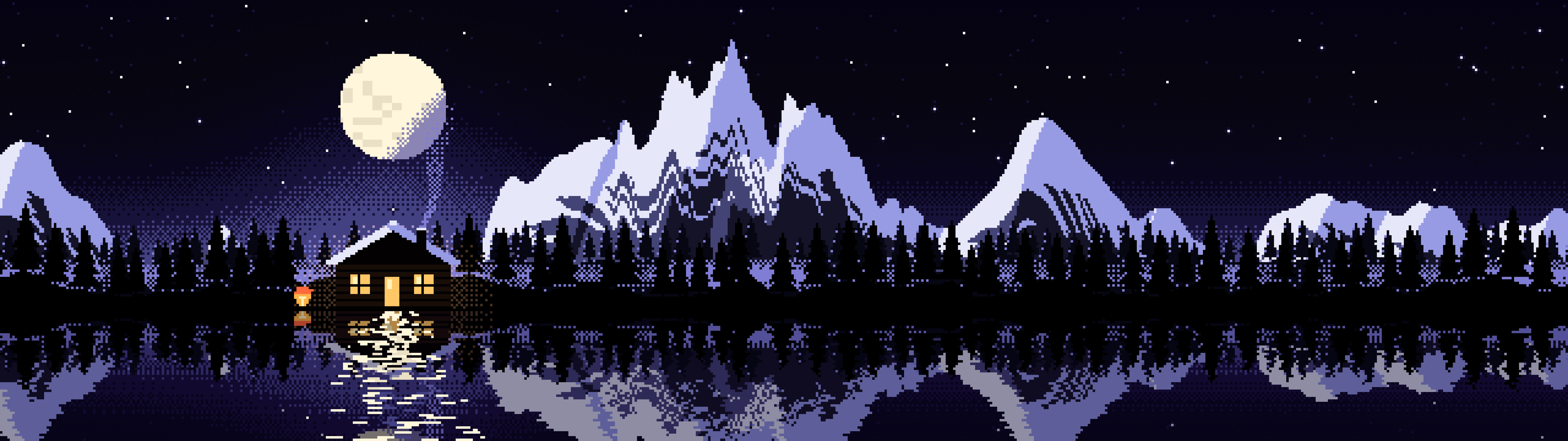 Black Pixel Art Cabin dual monitor wallpaper, 7680 × 2160
