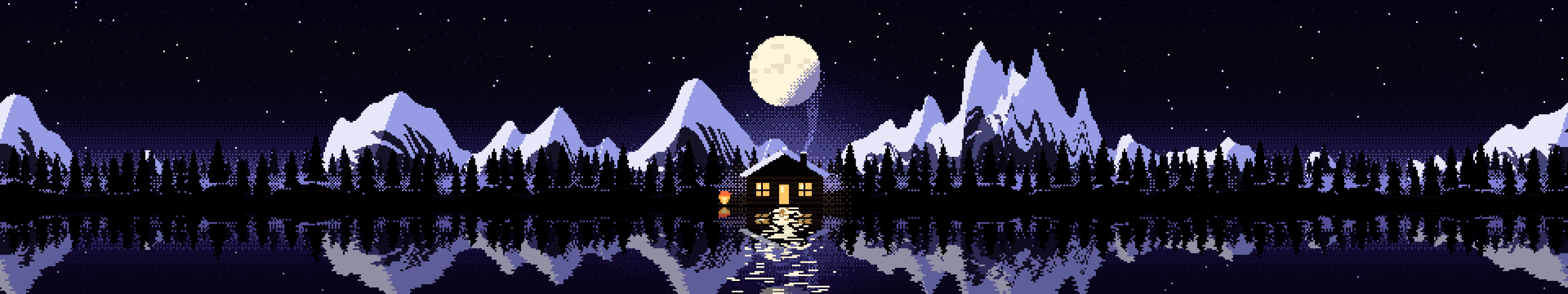 Black Pixel Art Cabin triple monitor wallpaper, 7680 × 1440