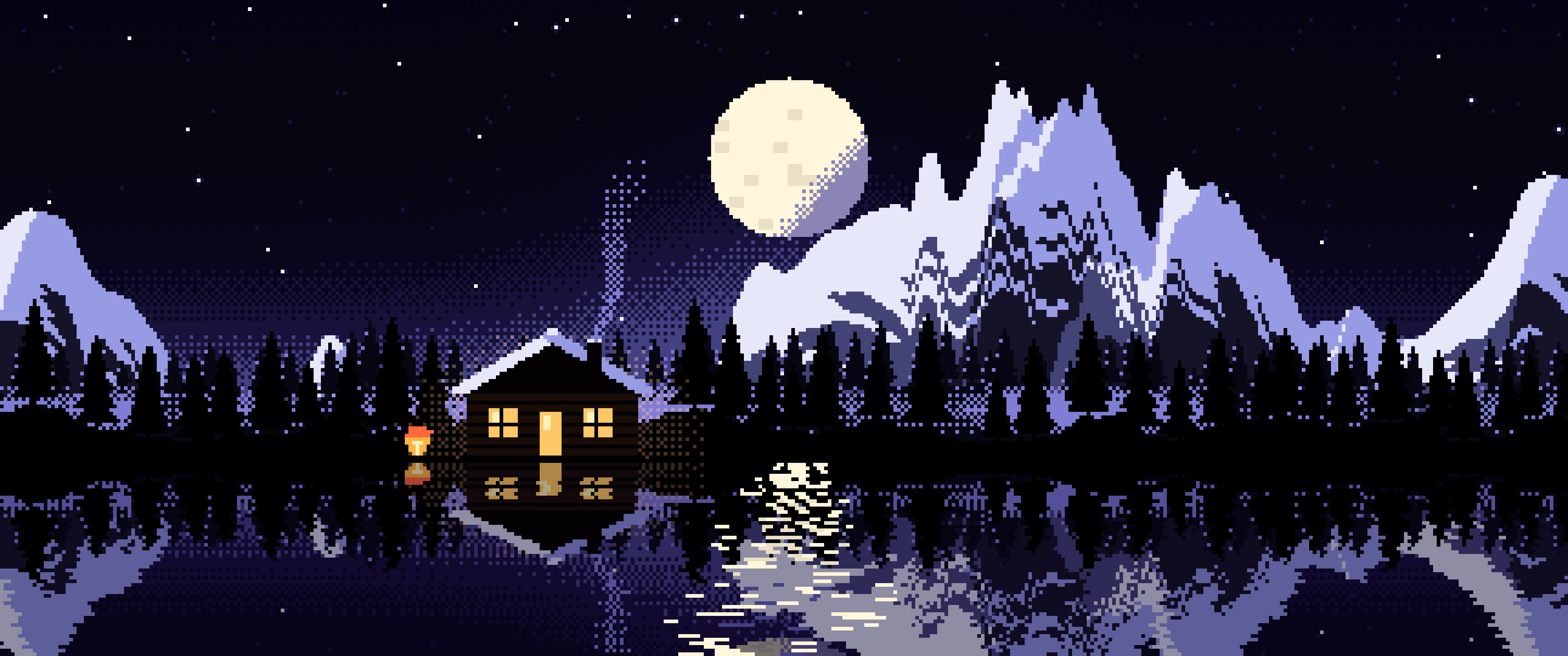 Black Pixel Art Cabin ultrawide wallpaper, 3440 × 1440