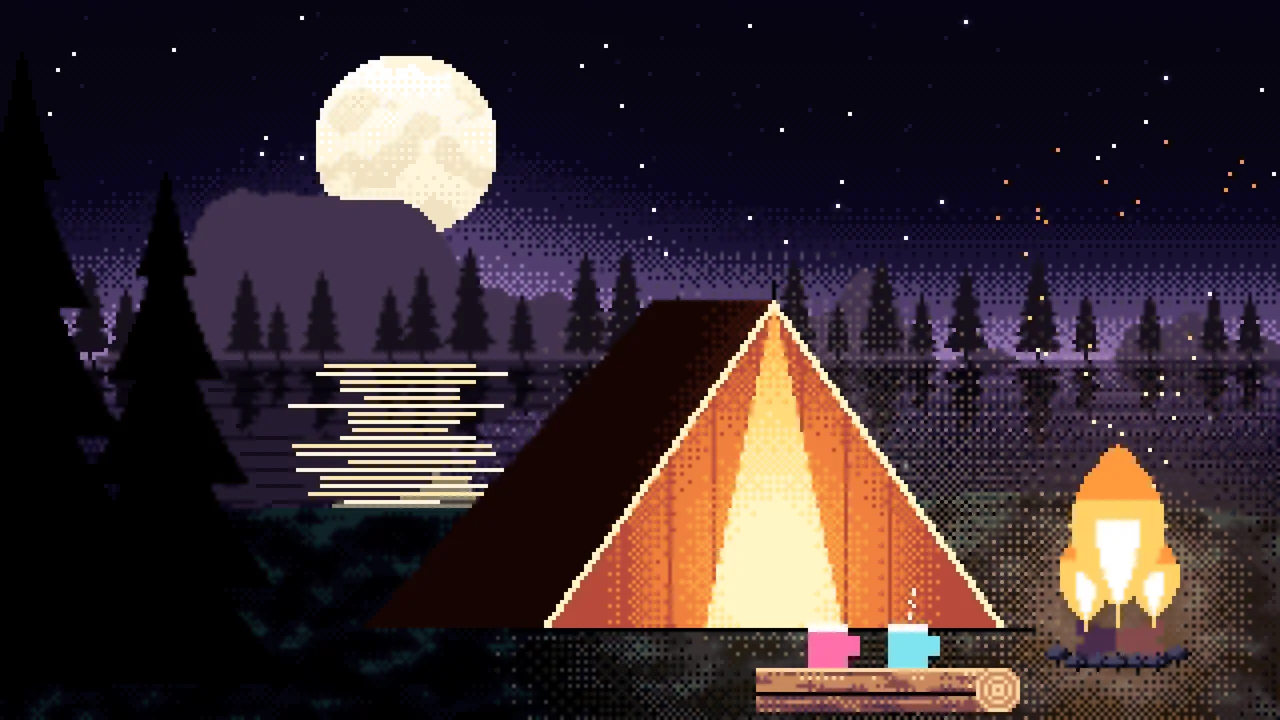 Black Pixel Art Campfire desktop wallpaper in 4K