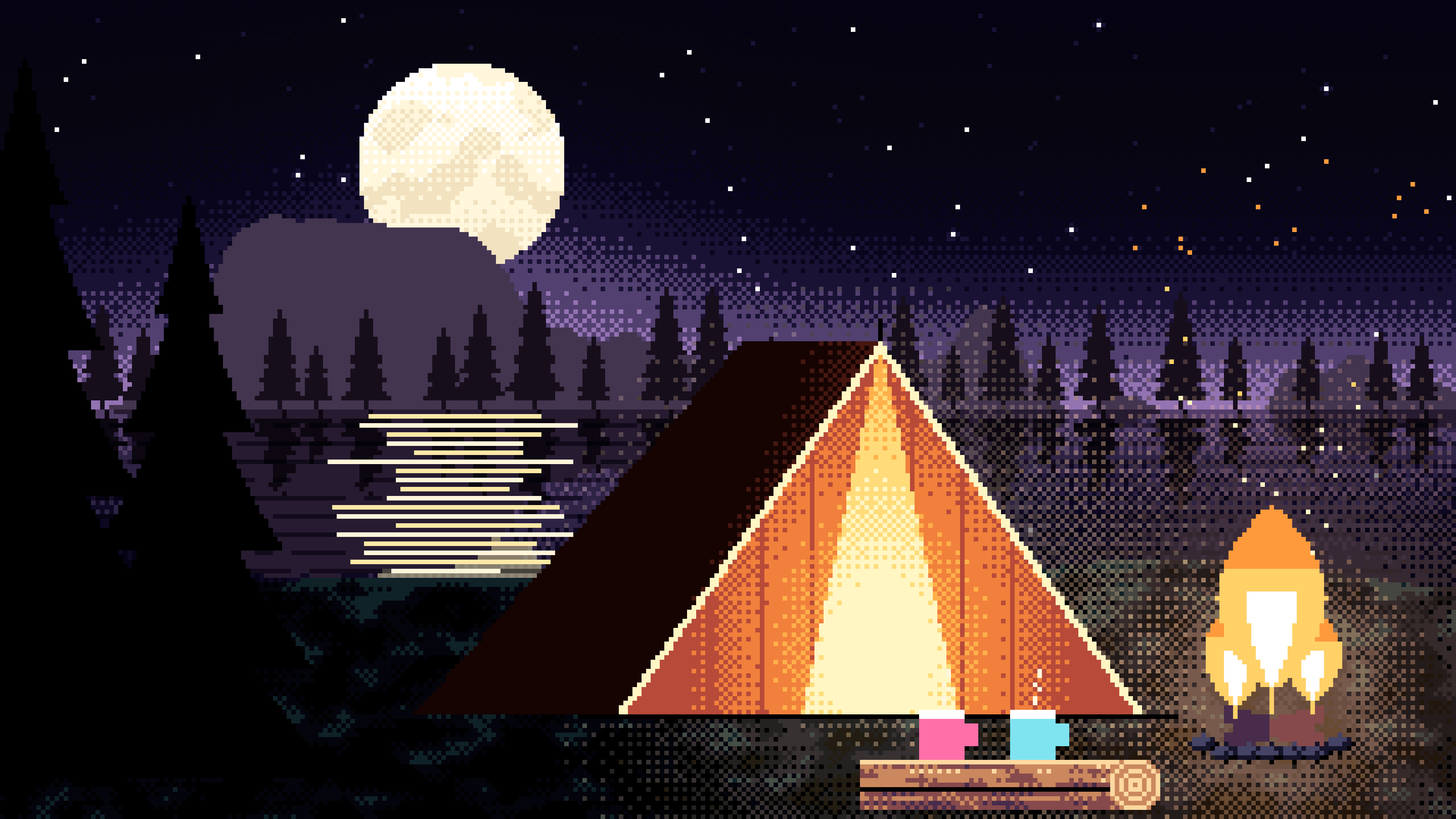 Black Pixel Art Campfire desktop wallpaper in 4K
