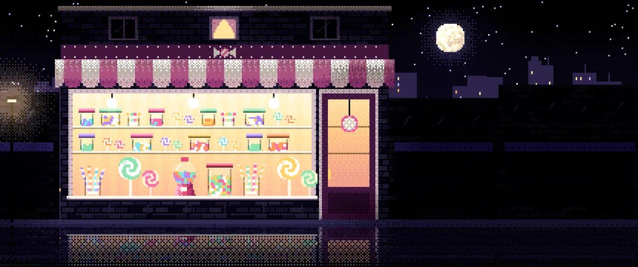 Black Pixel Art Candy Shop ultrawide wallpaper, 3440 × 1440