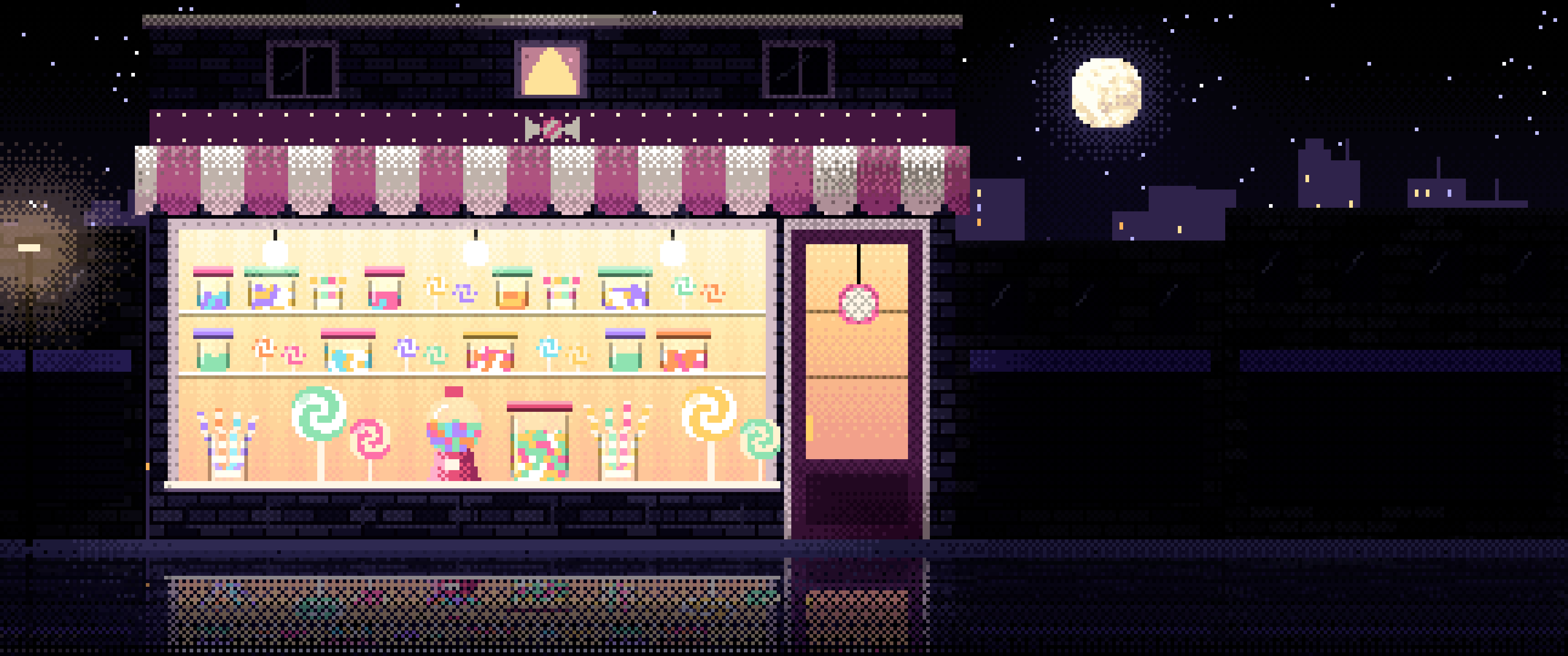 Black Pixel Art Candy Shop ultrawide wallpaper, 3440 × 1440