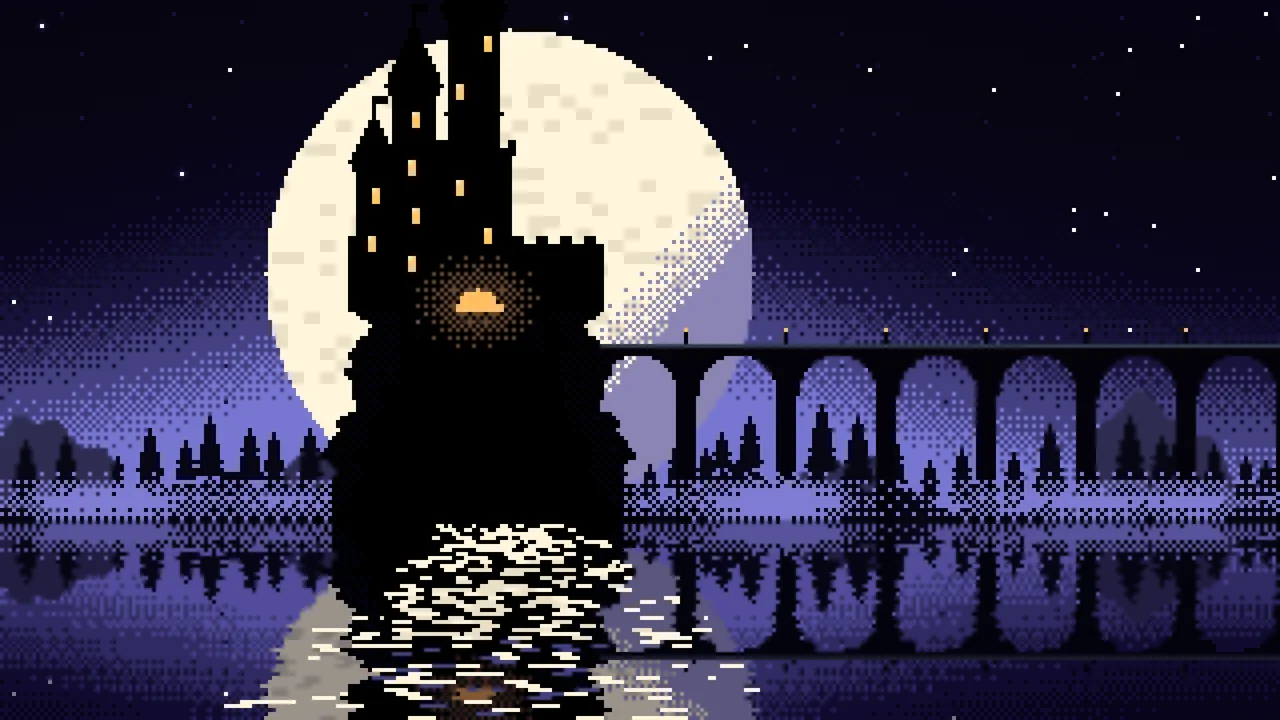 Black Pixel Art Castle desktop wallpaper in 4K