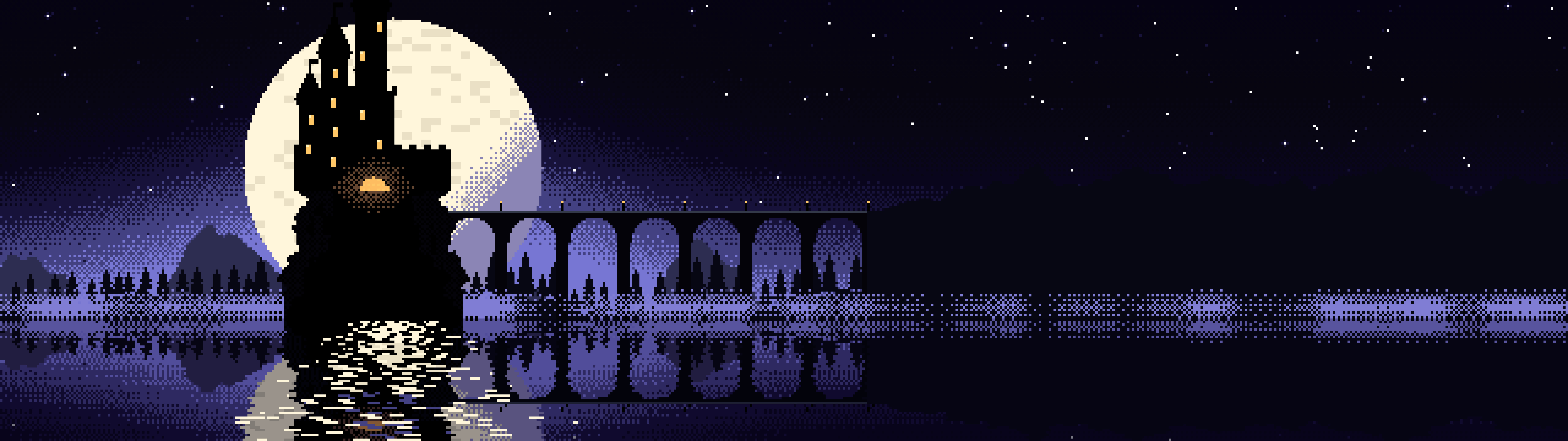 Black Pixel Art Castle dual monitor wallpaper, 7680 × 2160