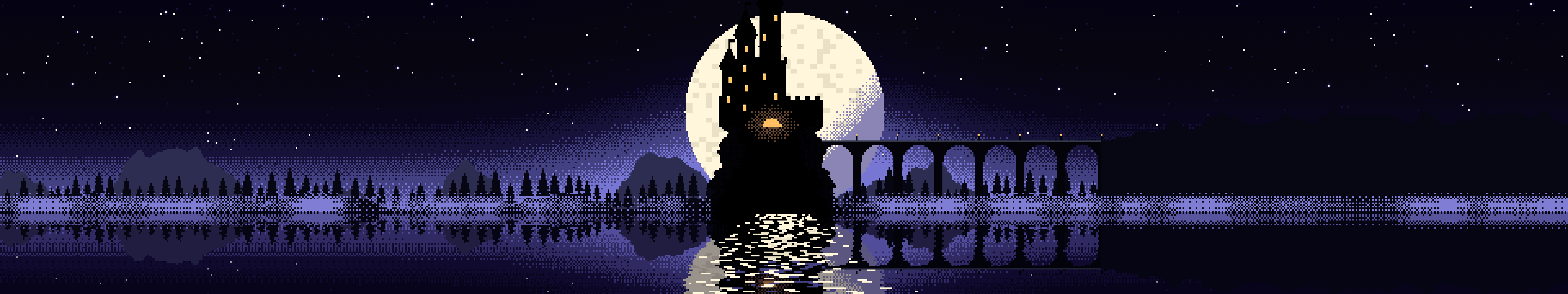 Black Pixel Art Castle triple monitor wallpaper, 7680 × 1440