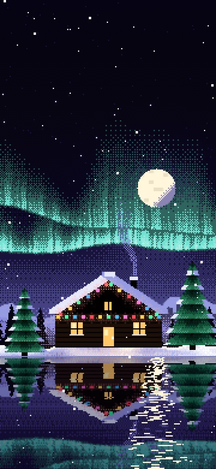 Black Pixel Art Christmas Cabin wallpaper for iPhone and Android