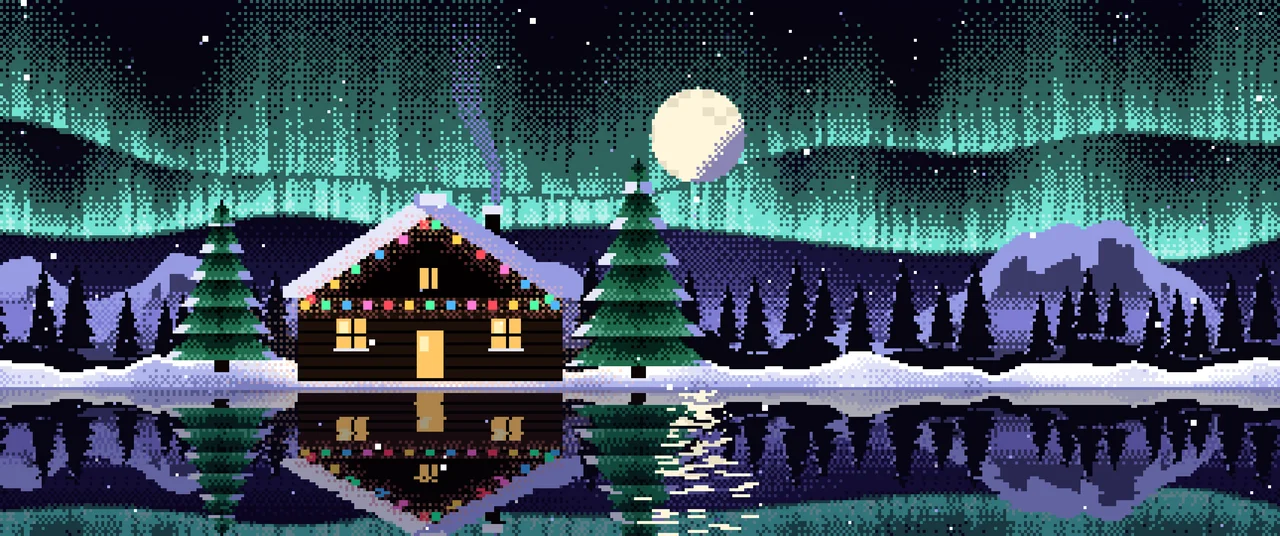 Black Pixel Art Christmas Cabin ultrawide wallpaper, 3440 × 1440
